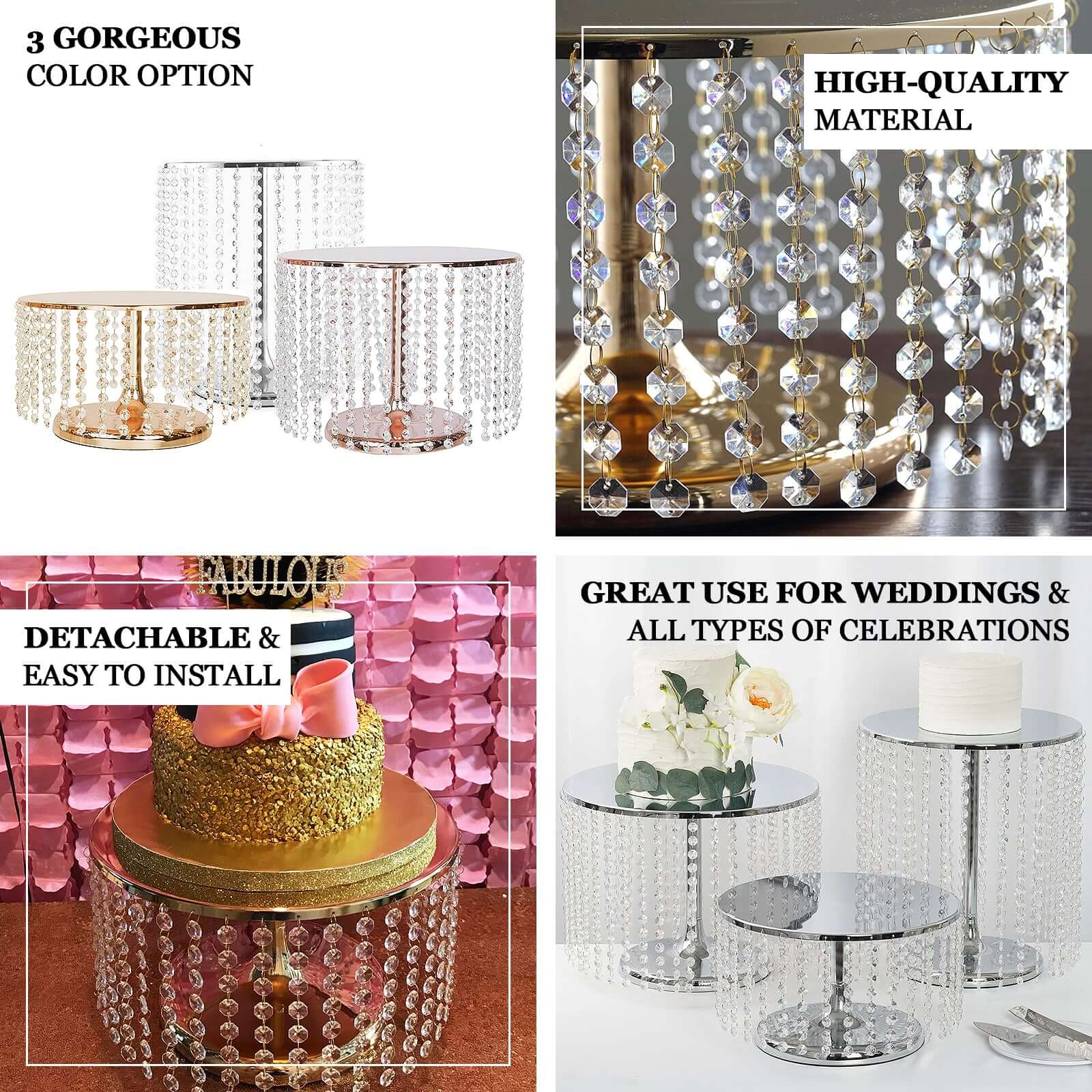 Metal Cake Stand Round Design 14" Dia Metallic Gold with Crystal Chains 8" Tall - Cupcake Dessert Pedestal - Image 4