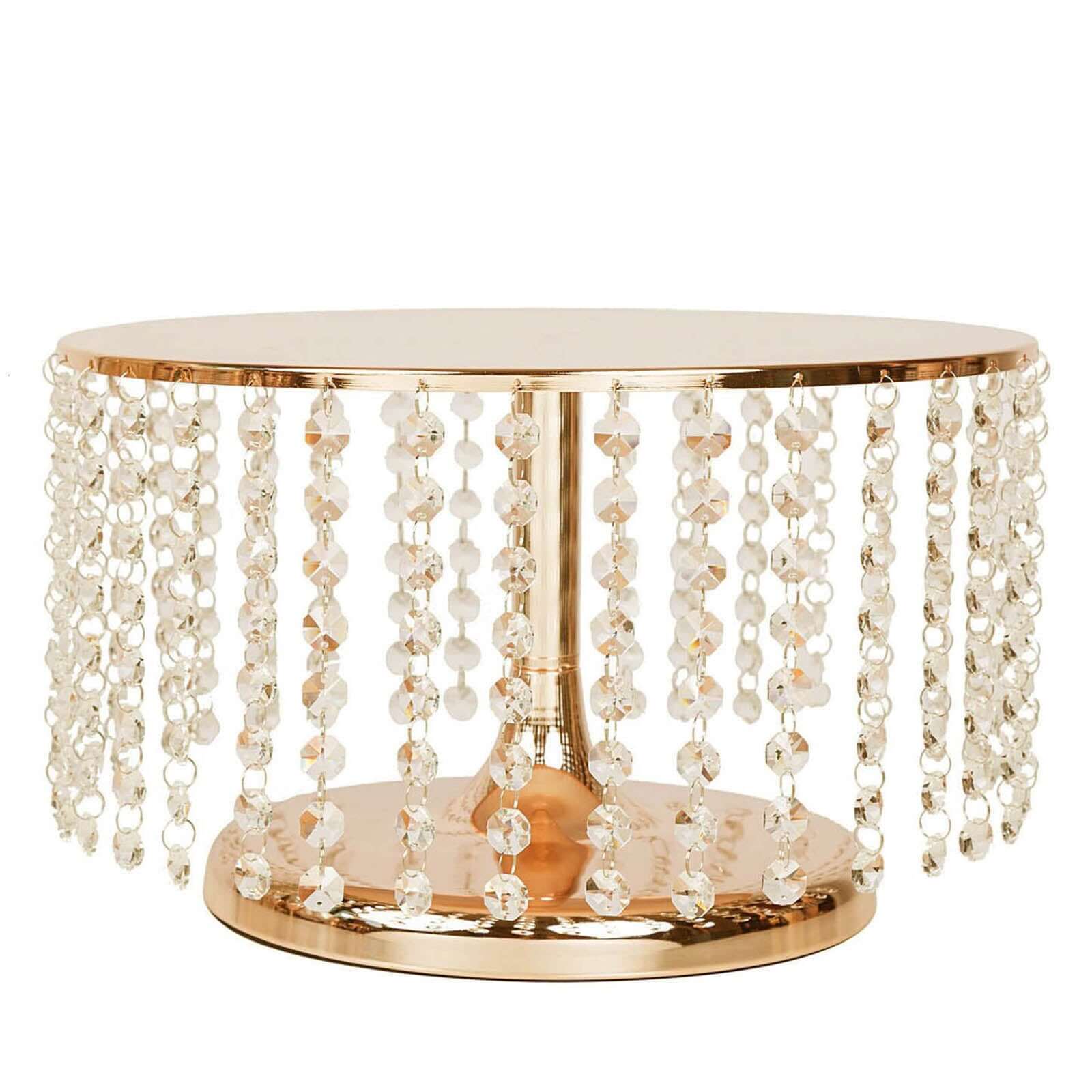 Metal Cake Stand Round Design 14" Dia Metallic Gold with Crystal Chains 8" Tall - Cupcake Dessert Pedestal - Image 6