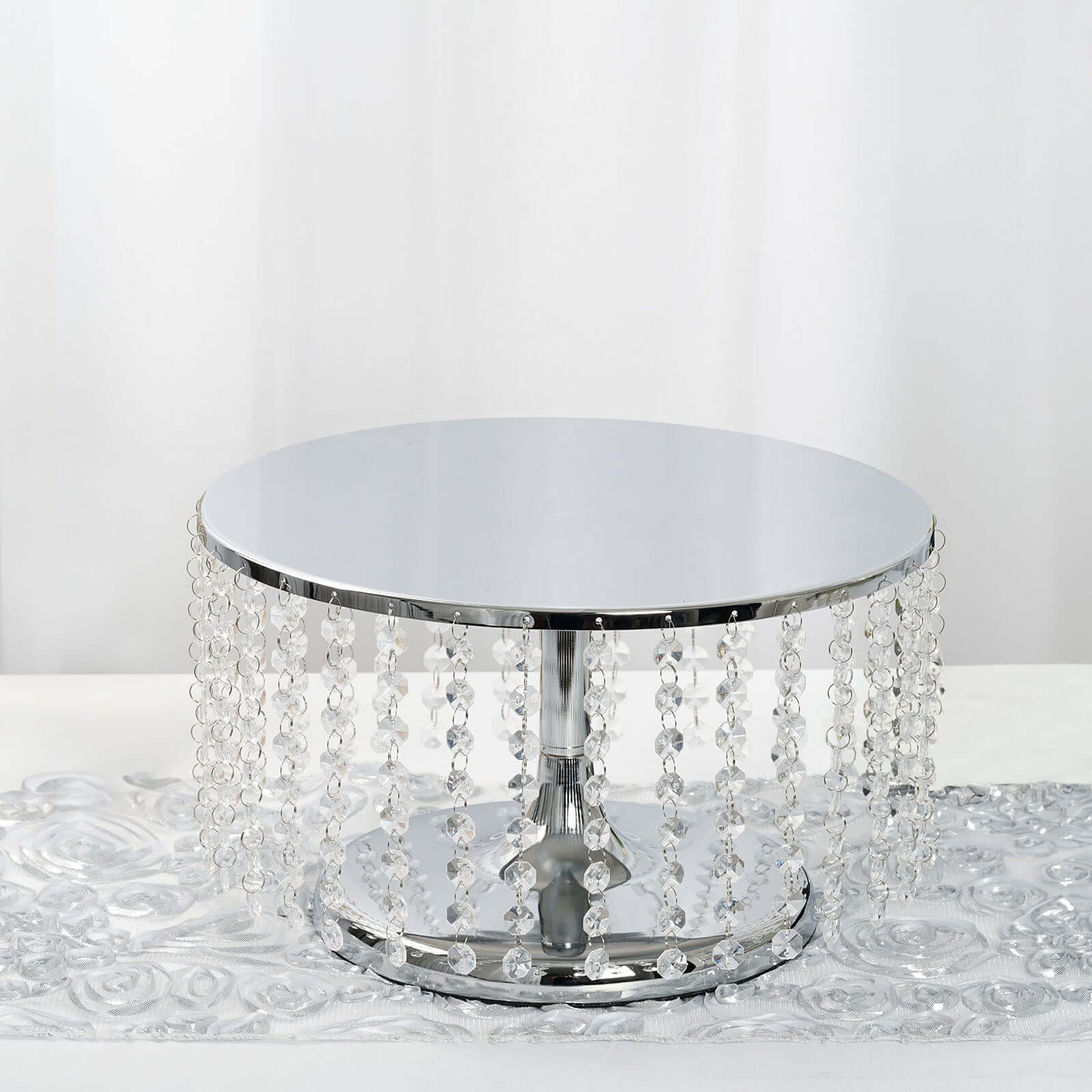 Metal Cake Stand Round Design 14" Dia Metallic Silver with Crystal Chains 8" Tall - Cupcake Dessert Pedestal - Image 6