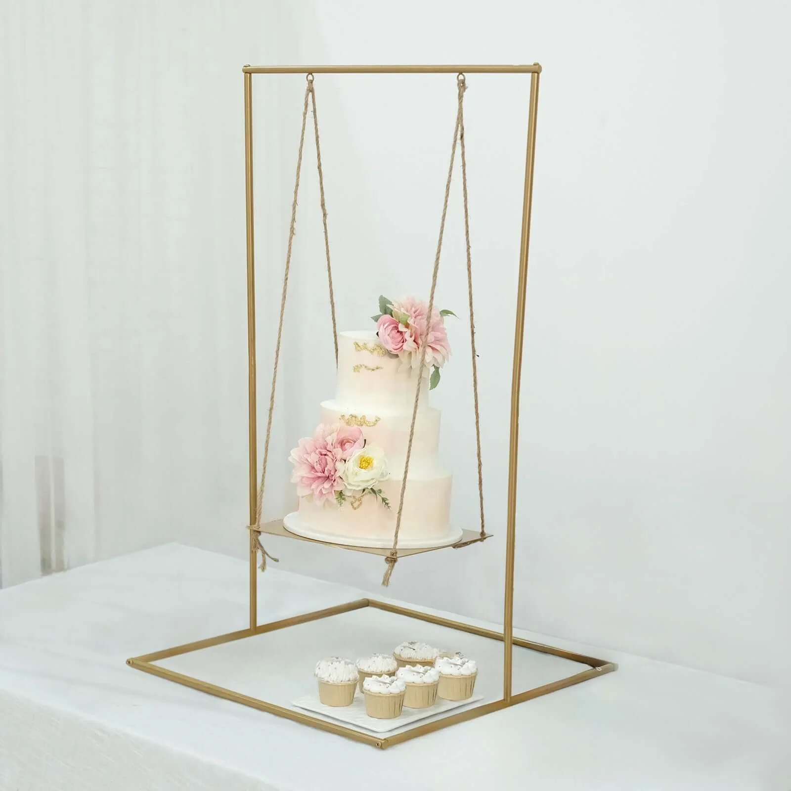 Metal Cake Swing Stand with Jute Rope 3ft Gold - Modern Hanging Dessert Display Centerpiece for Weddings Bridal Showers & Birthdays