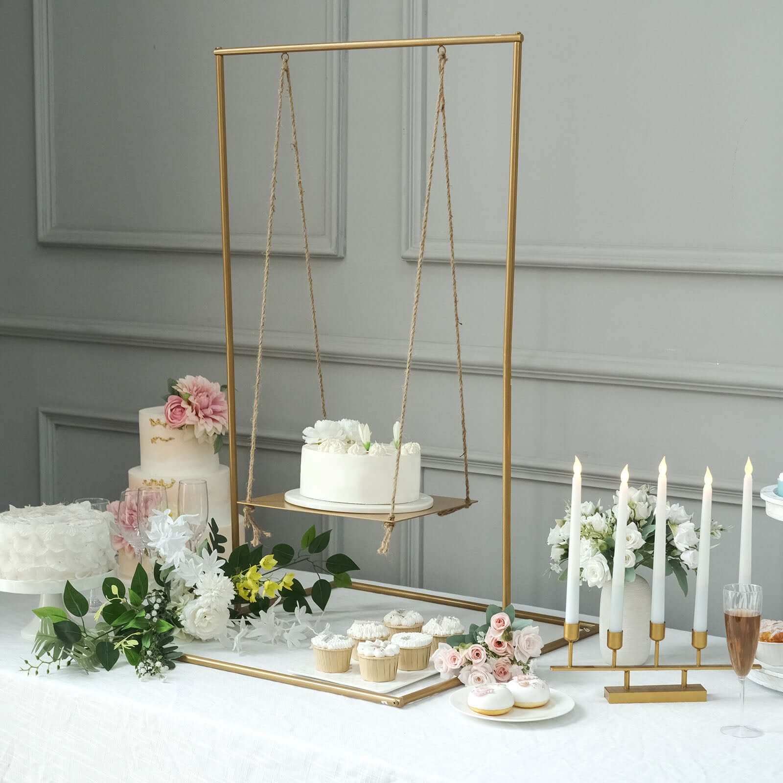 Metal Cake Swing Stand with Jute Rope 3ft Gold - Modern Hanging Dessert Display Centerpiece for Weddings Bridal Showers & Birthdays - Image 2