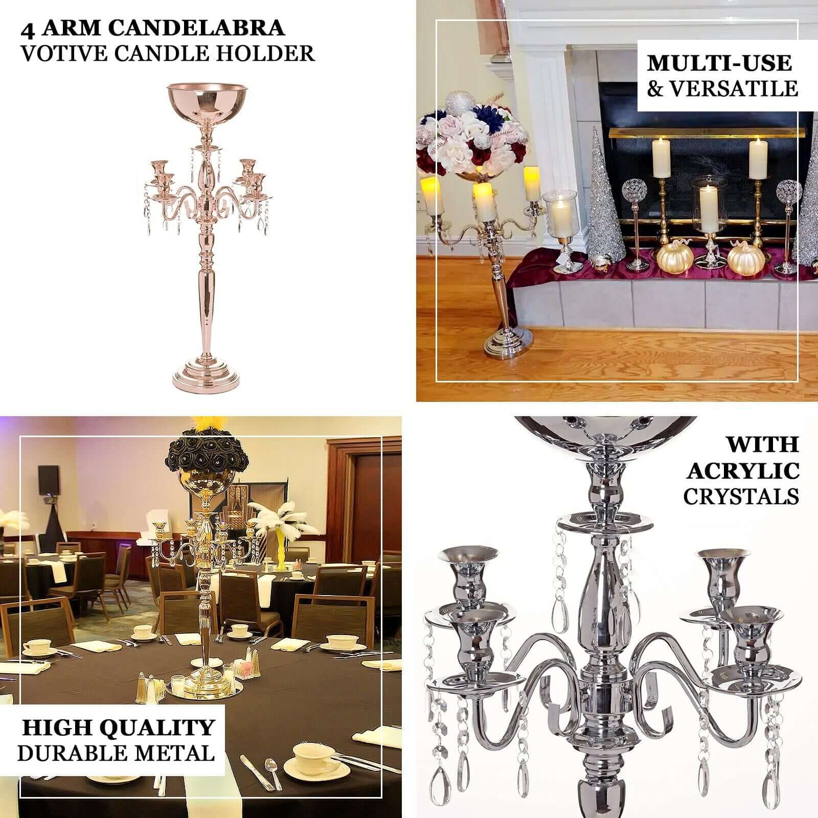 Metal Candelabra 33" 4 Arm Design Gold with Flower Vase Bowl - Table Centerpiece for Weddings - Image 4