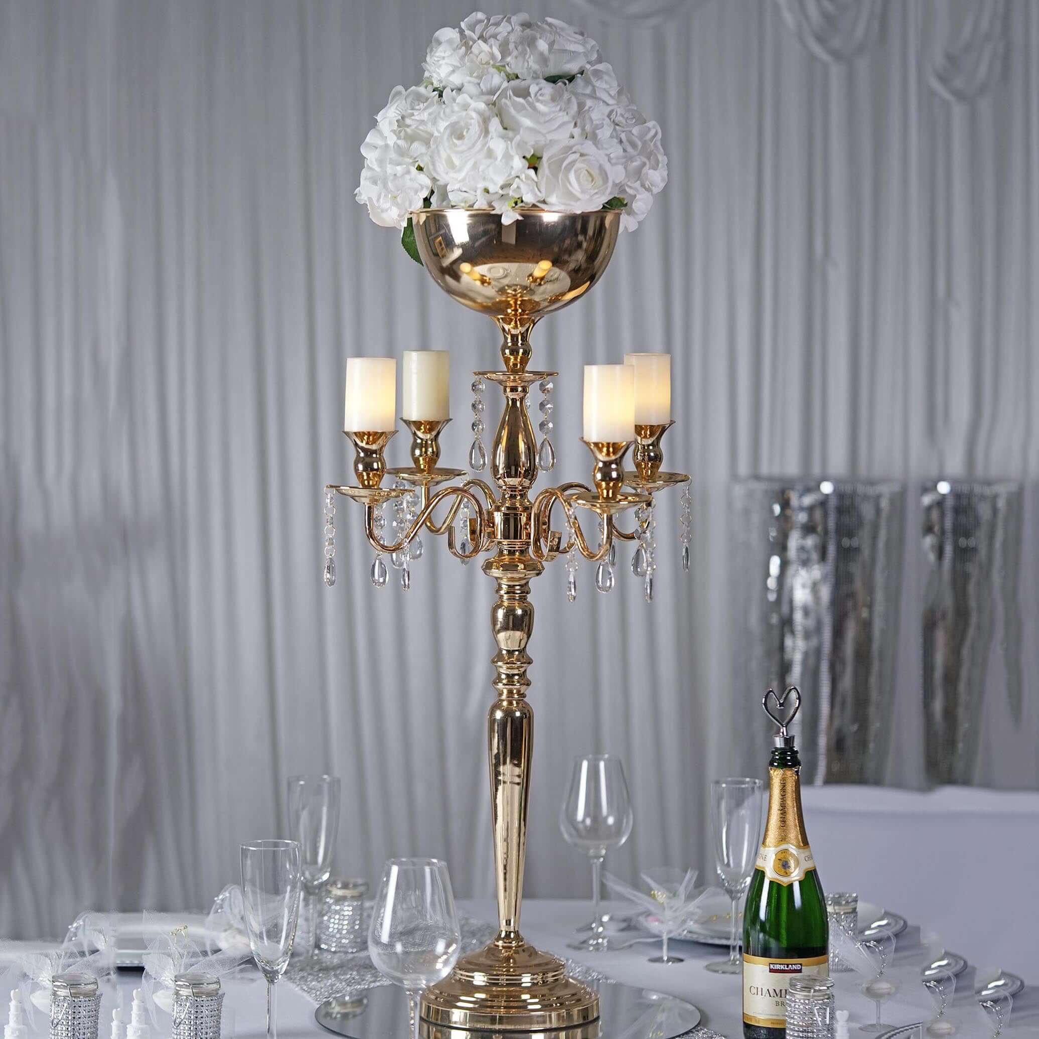 Metal Candelabra 33" 4 Arm Design Gold with Flower Vase Bowl - Table Centerpiece for Weddings - Image 7