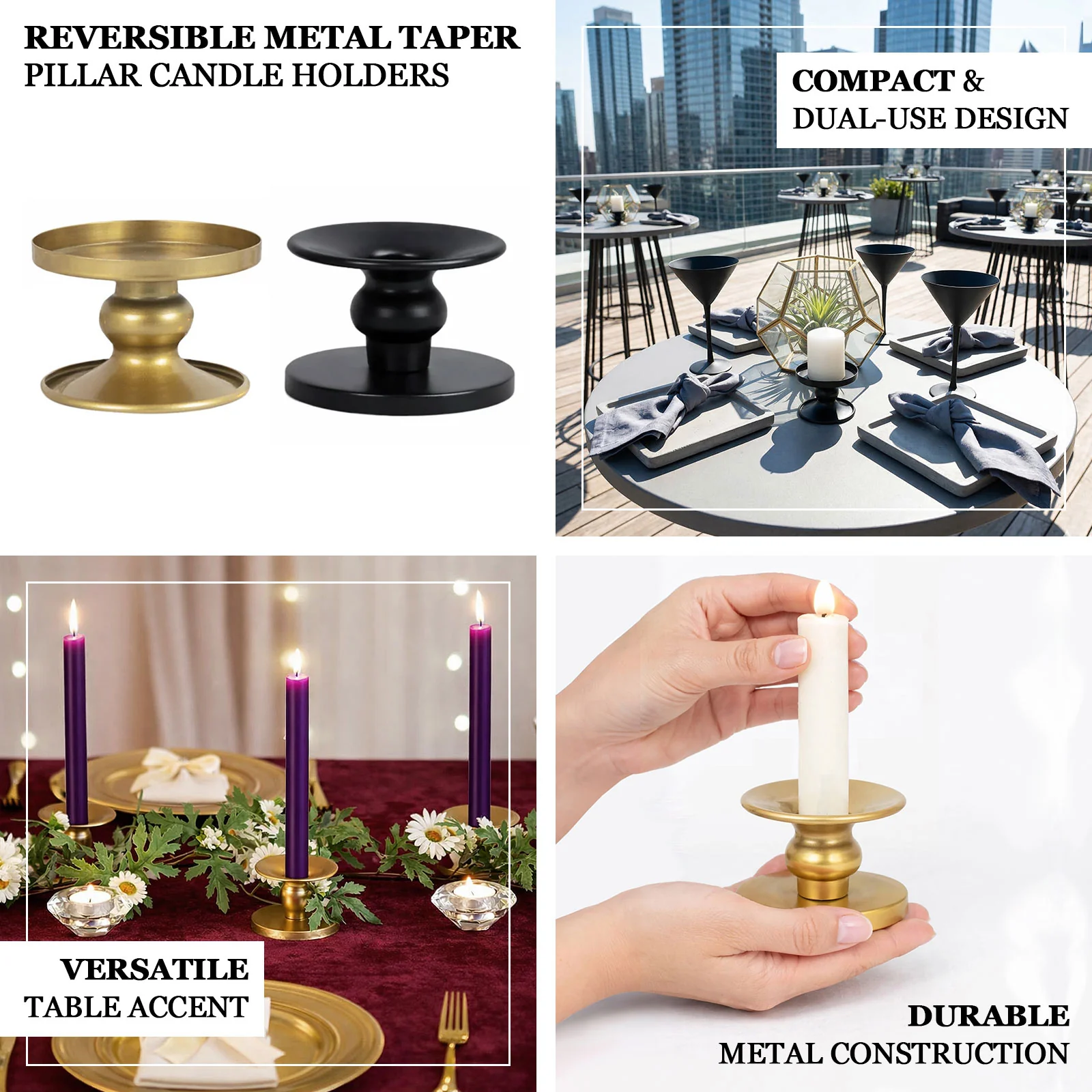 6 Pack Gold Metal Candle Holders, 2" Reversible Pillar & Taper Candlestick Stands - Image 4