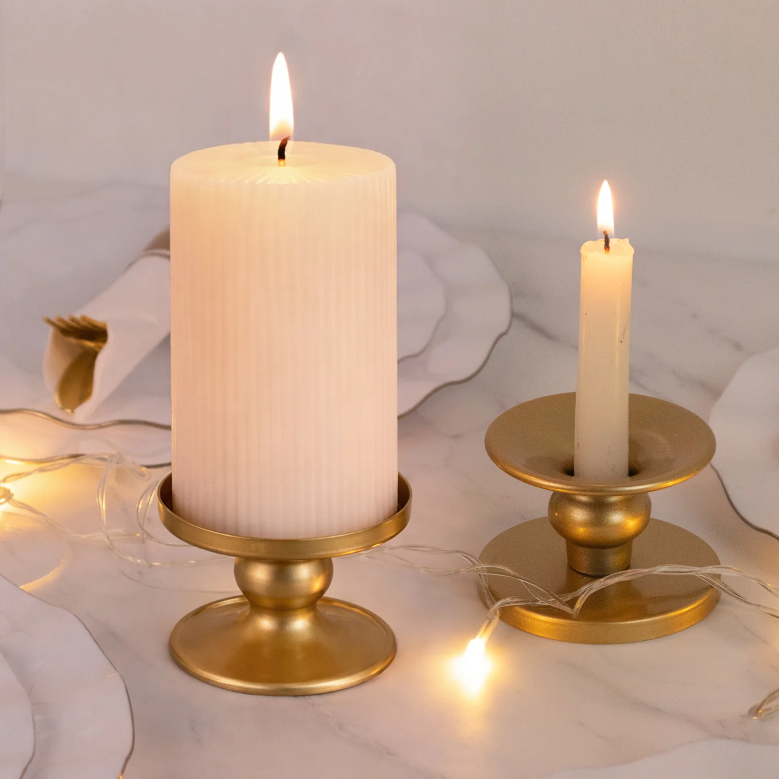 6 Pack Gold Metal Candle Holders, 2" Reversible Pillar & Taper Candlestick Stands - Image 8