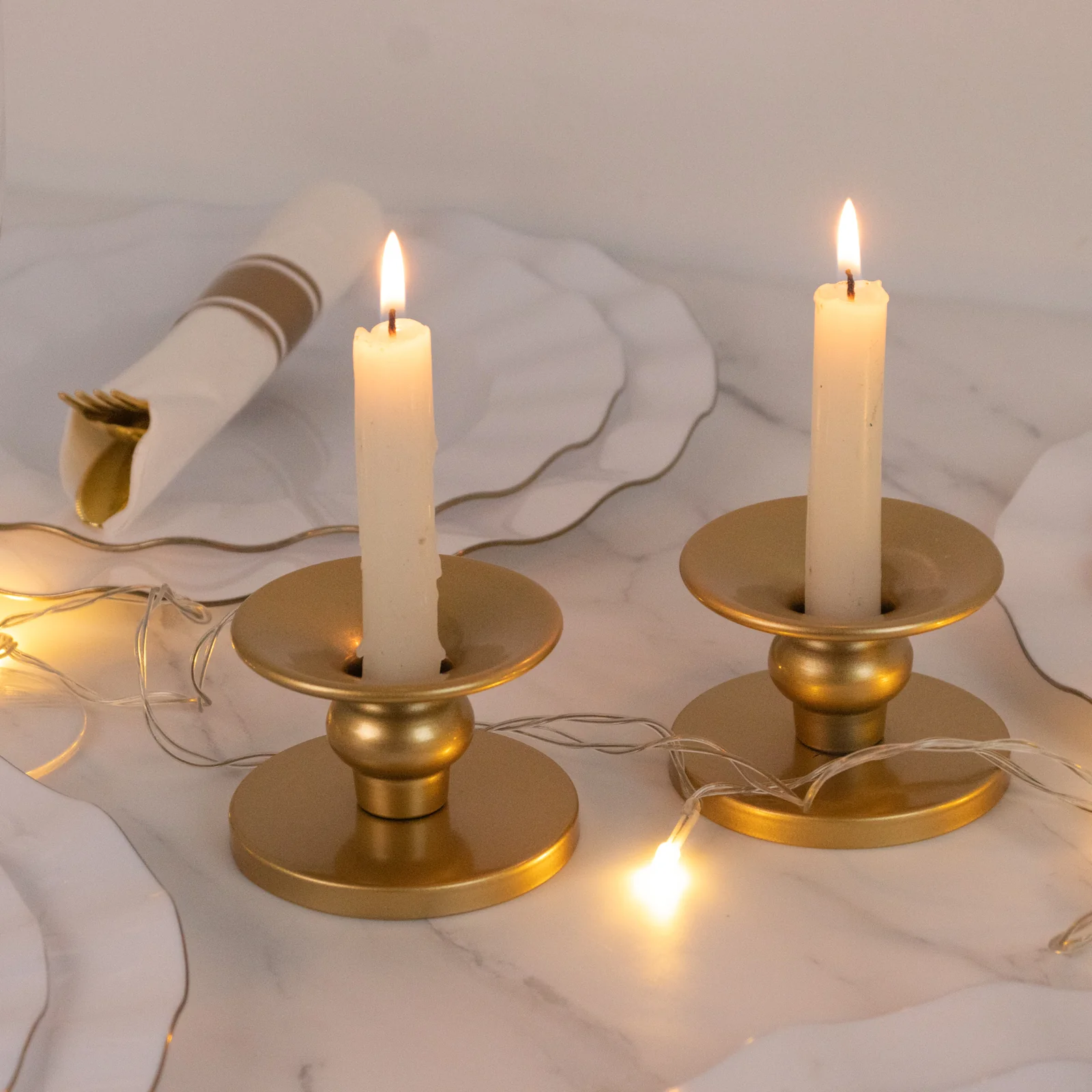 6 Pack Gold Metal Candle Holders, 2" Reversible Pillar & Taper Candlestick Stands - Image 9