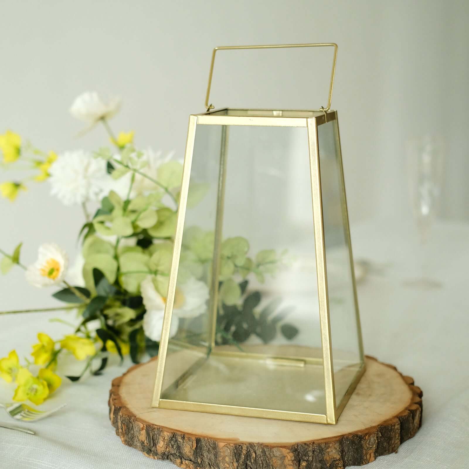 Metal Candle Lantern 10" Trapezoid Geometric Design Gold - Hanging Terrarium Table Centerpiece for Indoor/Outdoor - Image 2