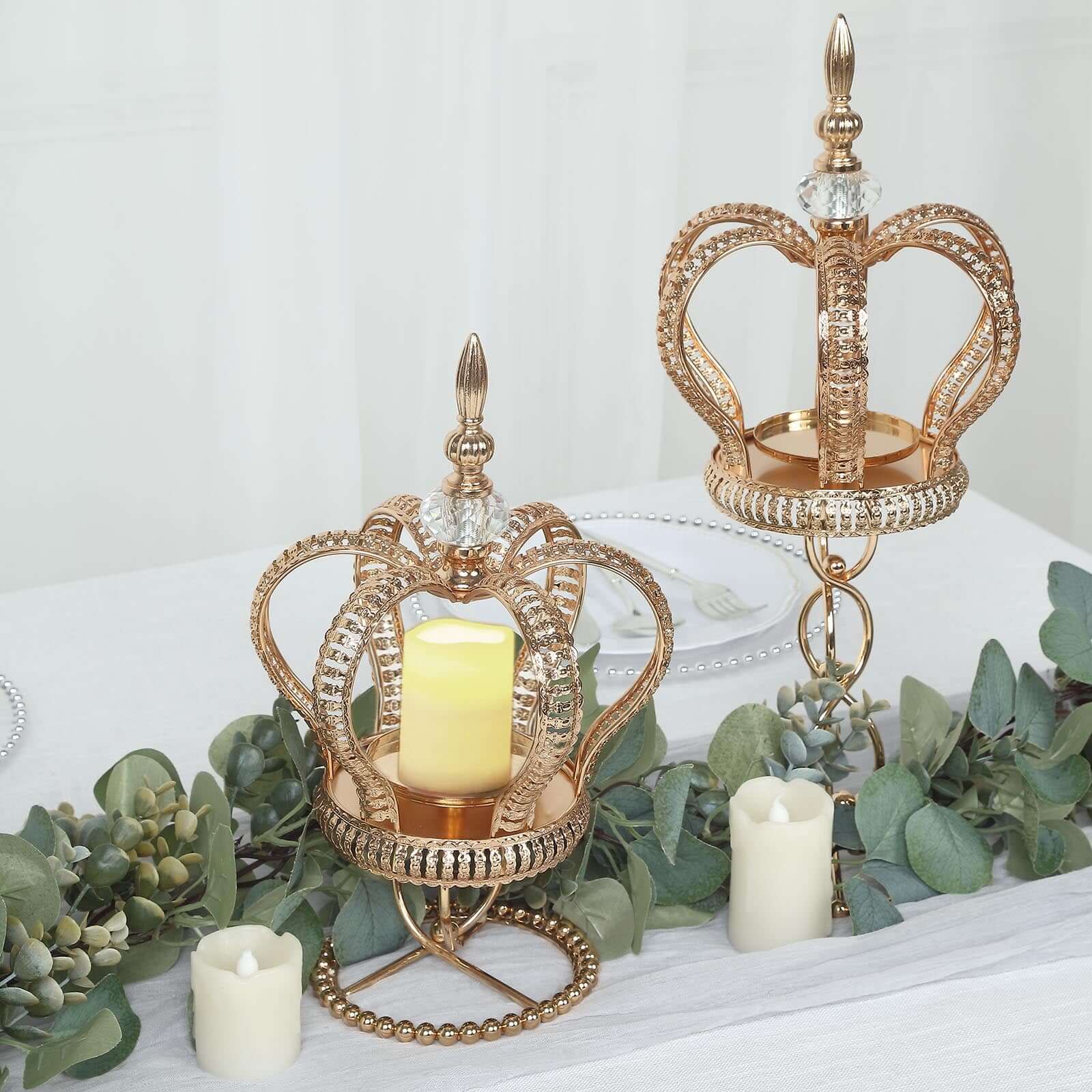 Metal Crown Spiral Gold Pillar Candle Holder Stand 13" - Jeweled Votive Candle Centerpiece - Image 2