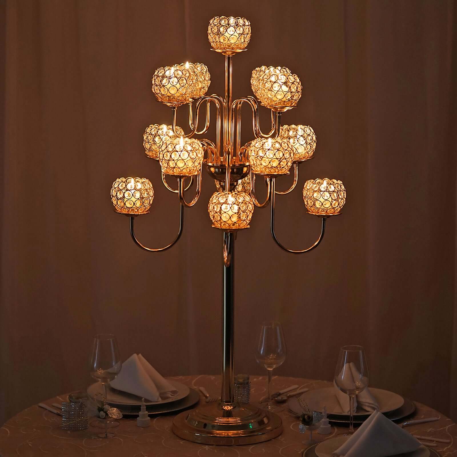 Metal Crystal Beaded Candelabra 40" Gold 13 Arm Design - Table Centerpiece for Events - Image 7