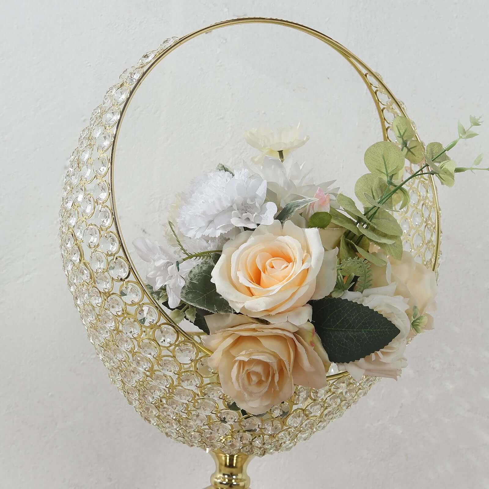 Metal Crystal Beaded Candle Holder Stand 3ft Tall - Half Moon Basket Design Gold Wedding Flower Centerpiece with Round Stable Base - Image 2