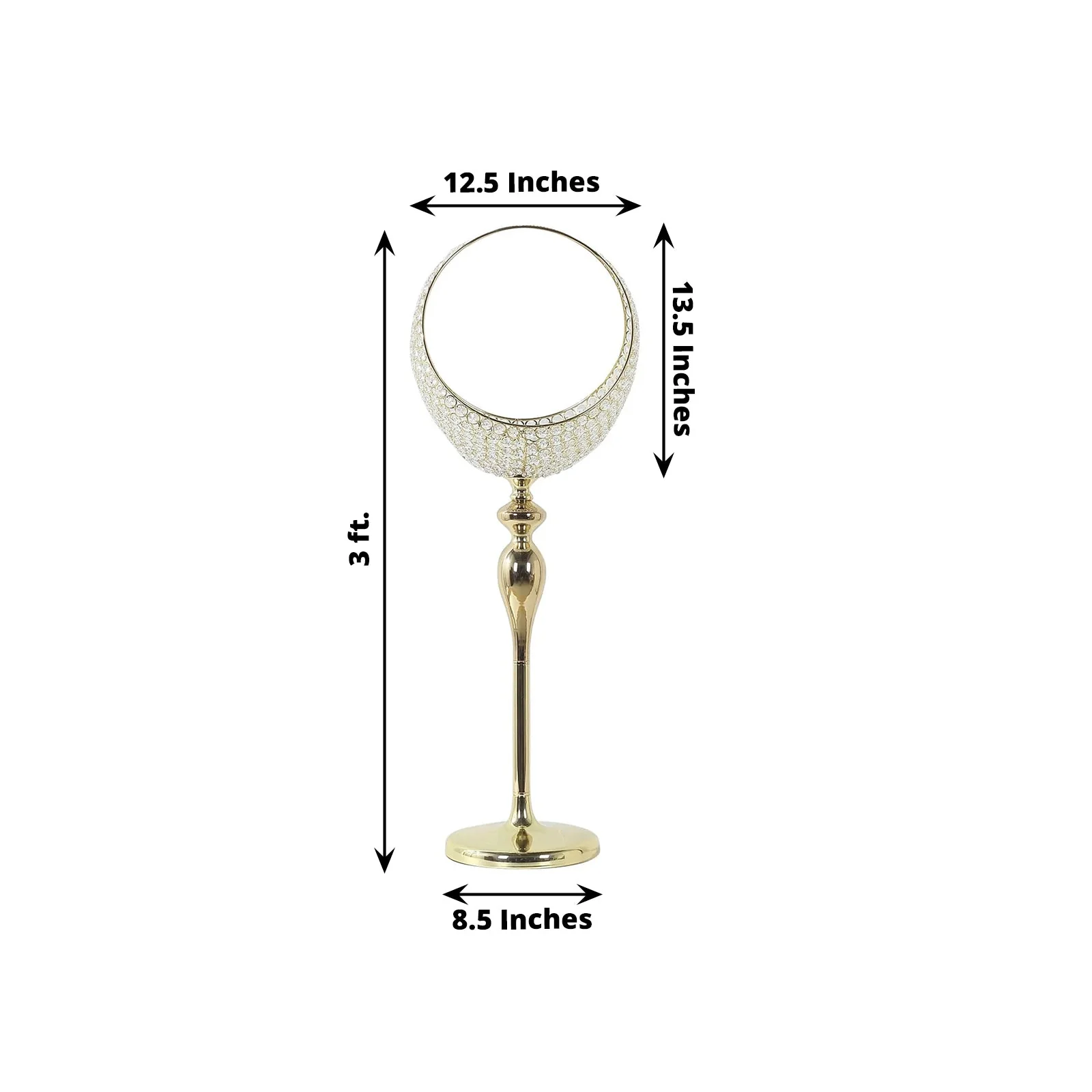 Metal Crystal Beaded Candle Holder Stand 3ft Tall - Half Moon Basket Design Gold Wedding Flower Centerpiece with Round Stable Base - Image 3