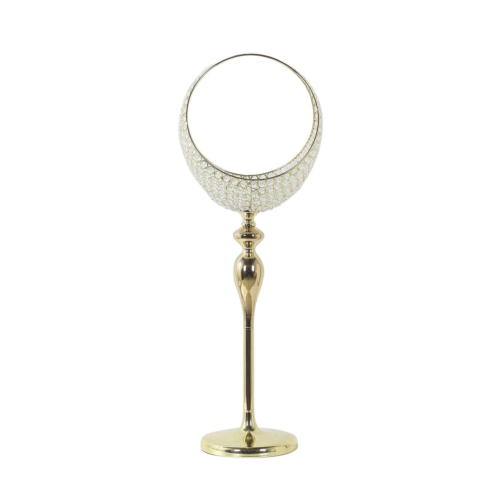 Metal Crystal Beaded Candle Holder Stand 3ft Tall - Half Moon Basket Design Gold Wedding Flower Centerpiece with Round Stable Base - Image 8