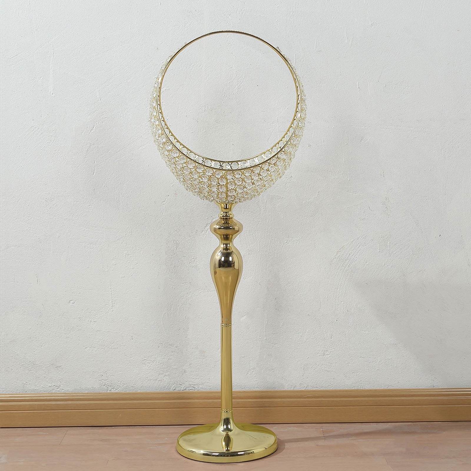 Metal Crystal Beaded Candle Holder Stand 3ft Tall - Half Moon Basket Design Gold Wedding Flower Centerpiece with Round Stable Base - Image 9