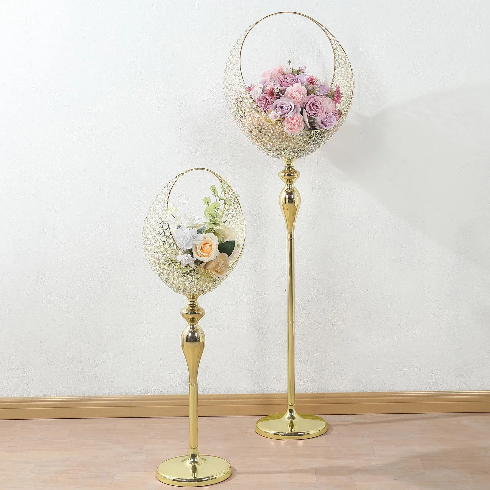 Metal Crystal Beaded Candle Holder Stand 4.5ft Tall - Half Moon Basket Design Gold Wedding Flower Centerpiece with Round Stable Base - Image 2