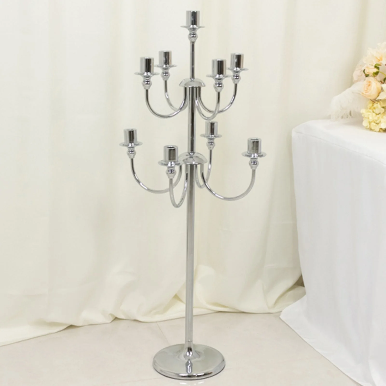 Metal Floor Candelabra Candle Holder 46" Tall - 9-Arm Silver Vintage Taper Candlestick Stand Table Centerpiece for Weddings & Parties