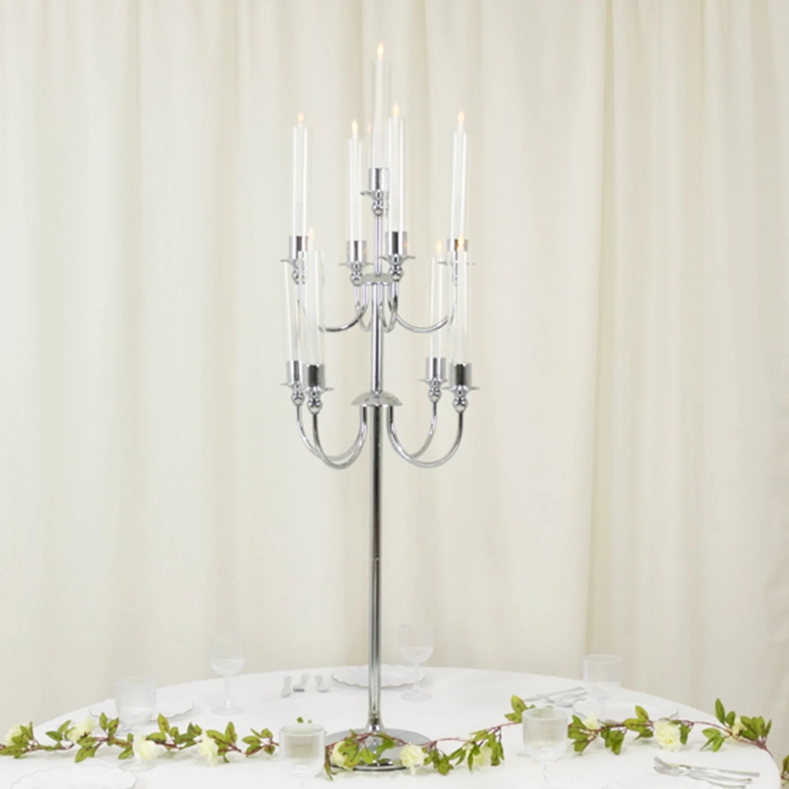 Metal Floor Candelabra Candle Holder 46" Tall - 9-Arm Silver Vintage Taper Candlestick Stand Table Centerpiece for Weddings & Parties - Image 3