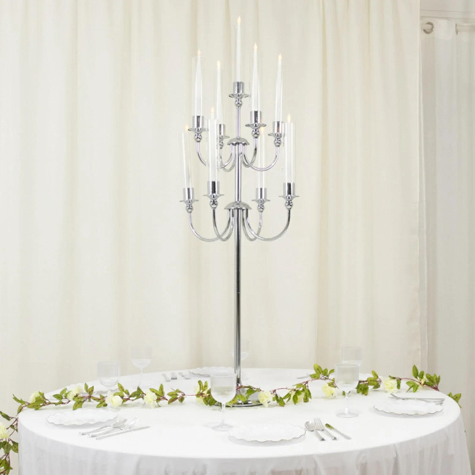 Metal Floor Candelabra Candle Holder 46" Tall - 9-Arm Silver Vintage Taper Candlestick Stand Table Centerpiece for Weddings & Parties - Image 4