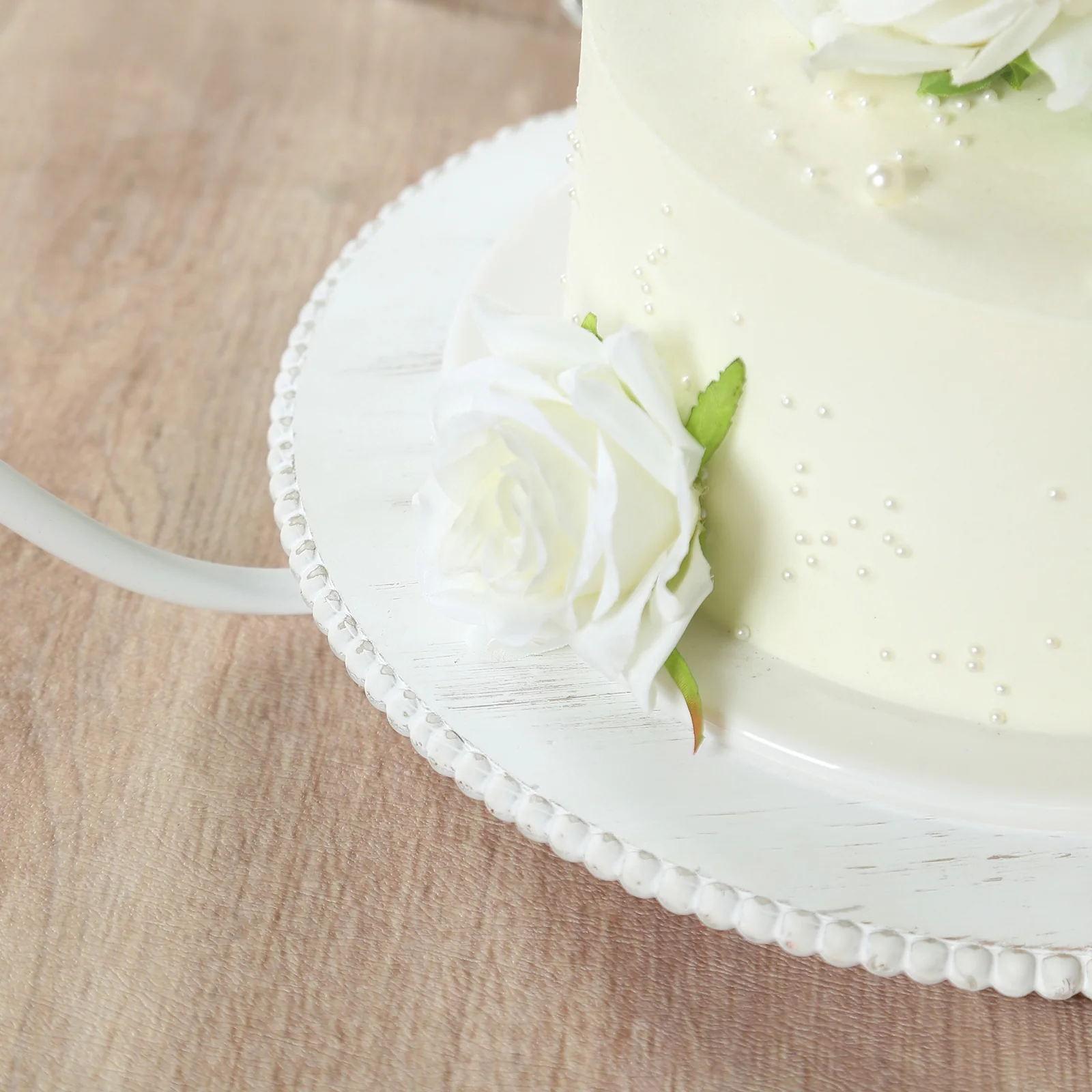 Metal Round Floral Hoop Cake Stand 22" Whitewash with Beaded Wooden Base - Dessert Display Table Centerpiece Stand - Image 6