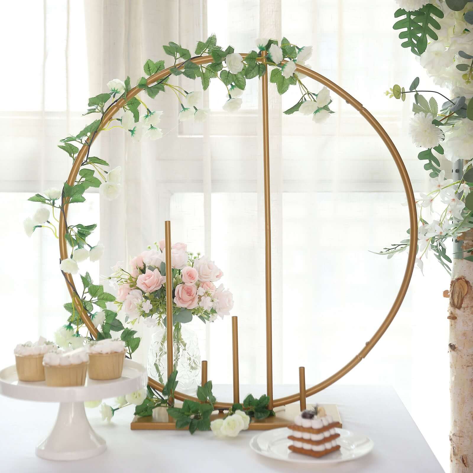 Metal Floral Hoop Wedding Table Centerpiece Round 24" Gold with Pillars - Self-Standing Balloon Arch Frame - Image 4