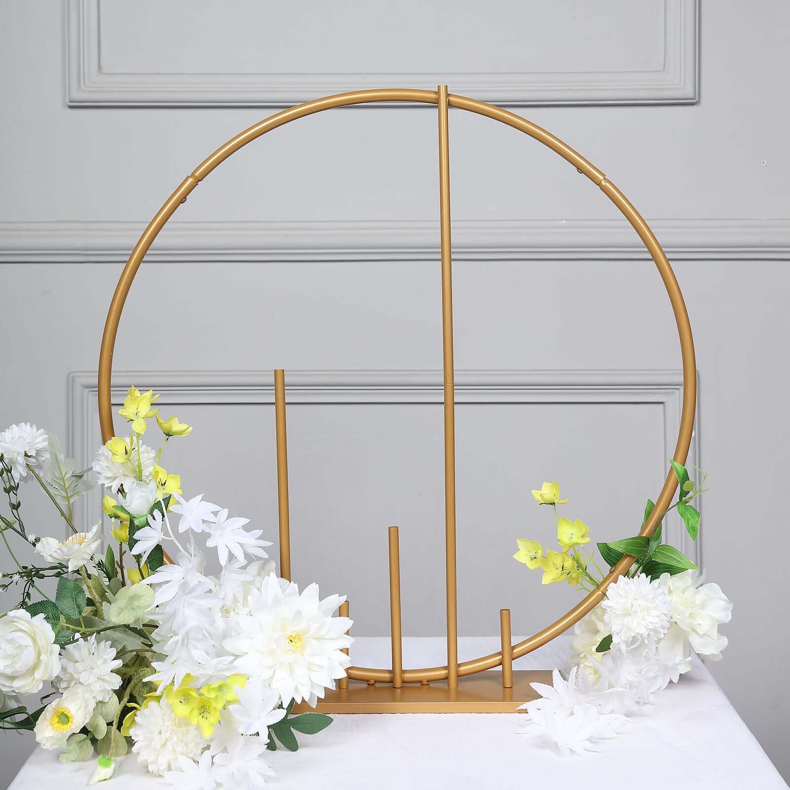 Metal Floral Hoop Wedding Table Centerpiece Round 24" Gold with Pillars - Self-Standing Balloon Arch Frame - Image 5