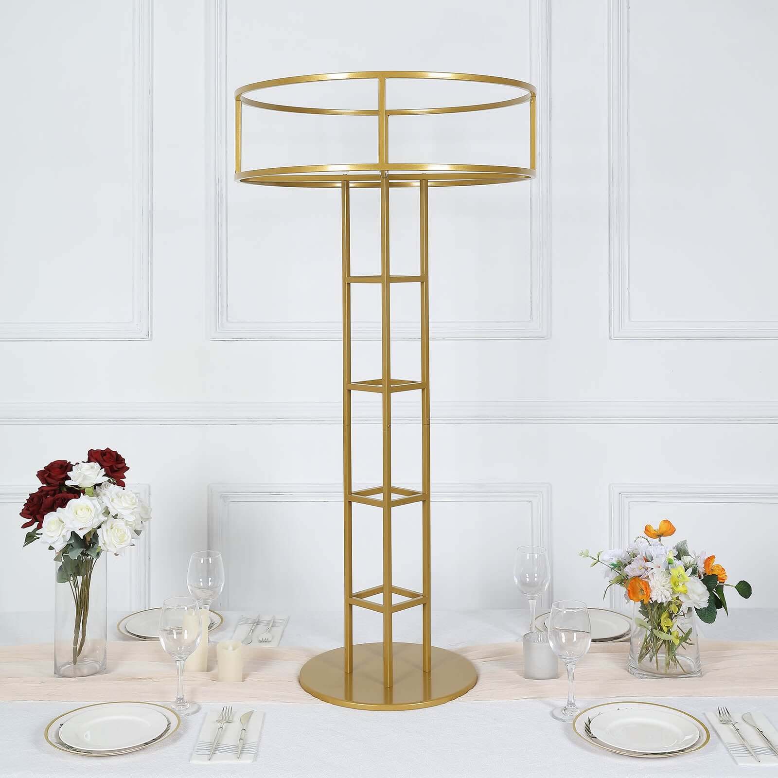 Metal Floral Riser 46" Gold Open Frame Design - Grand Halo Top Wedding Centerpiece Pedestal - Image 2