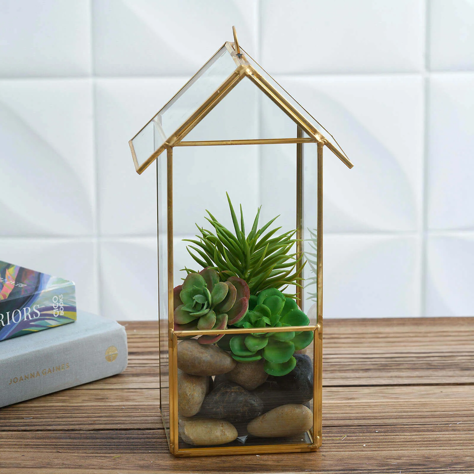 Metal Glass Terrarium 11" House Lantern Design Hanging Gold - Multipurpose Holder for Air Plants & Decor - Image 14