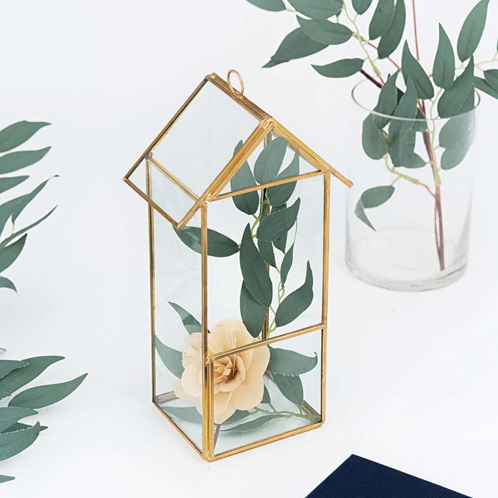 Metal Glass Terrarium 11" House Lantern Design Hanging Gold - Multipurpose Holder for Air Plants & Decor - Image 16