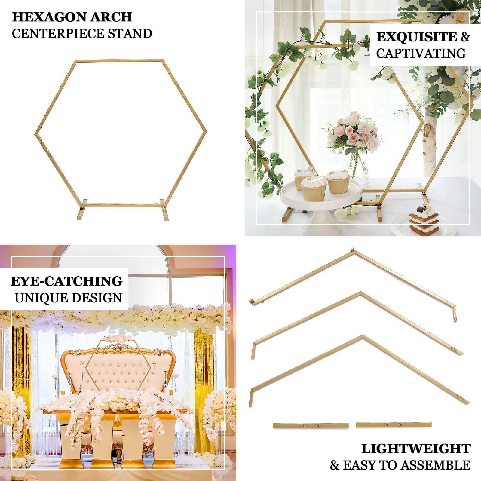 Metal Hexagon Table Wedding Arch Centerpiece Gold 21" - Geometric Self-Standing Flower Balloon Frame - Image 4