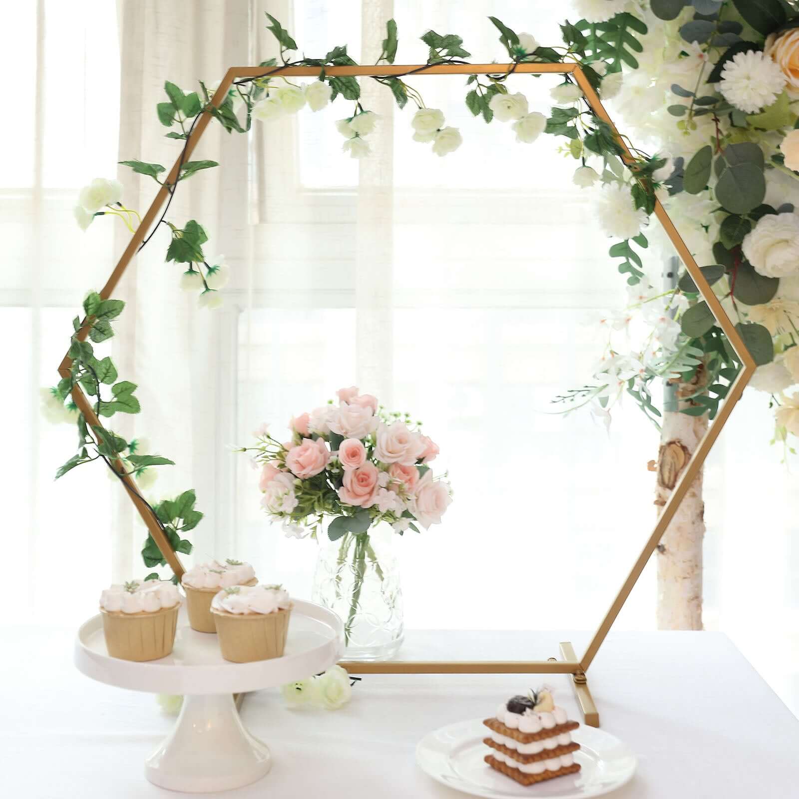 Metal Hexagon Table Wedding Arch Centerpiece Gold 24" - Geometric Self-Standing Flower Balloon Frame - Image 5