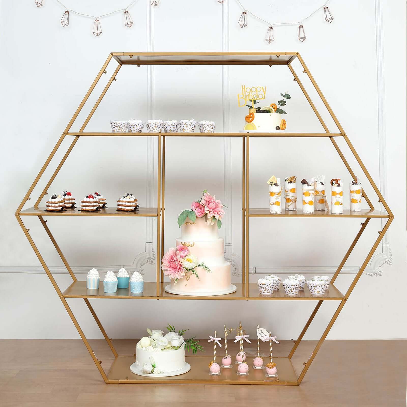 Metal Hexagonal Cake Dessert Display Stand 4ft Gold - Sturdy Large Geometric Rack Perfect for Event Backdrops Balloon Garlands Floral Installations & Modern Bookcase