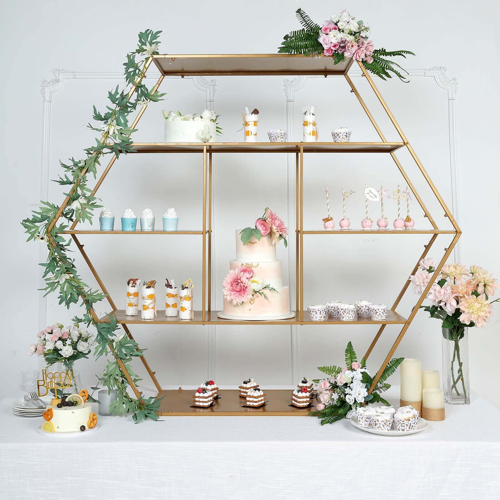 Metal Hexagonal Cake Dessert Display Stand 4ft Gold - Sturdy Large Geometric Rack Perfect for Event Backdrops Balloon Garlands Floral Installations & Modern Bookcase - Image 4