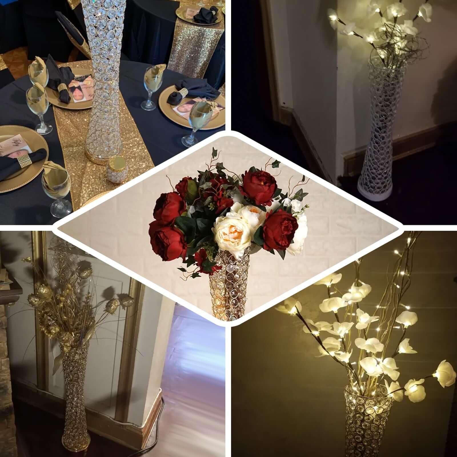 Metal Hurricane Floral Vase Centerpiece 24" Metallic Gold with Crystal Beaded Design - Table Decorative Stand - Image 4