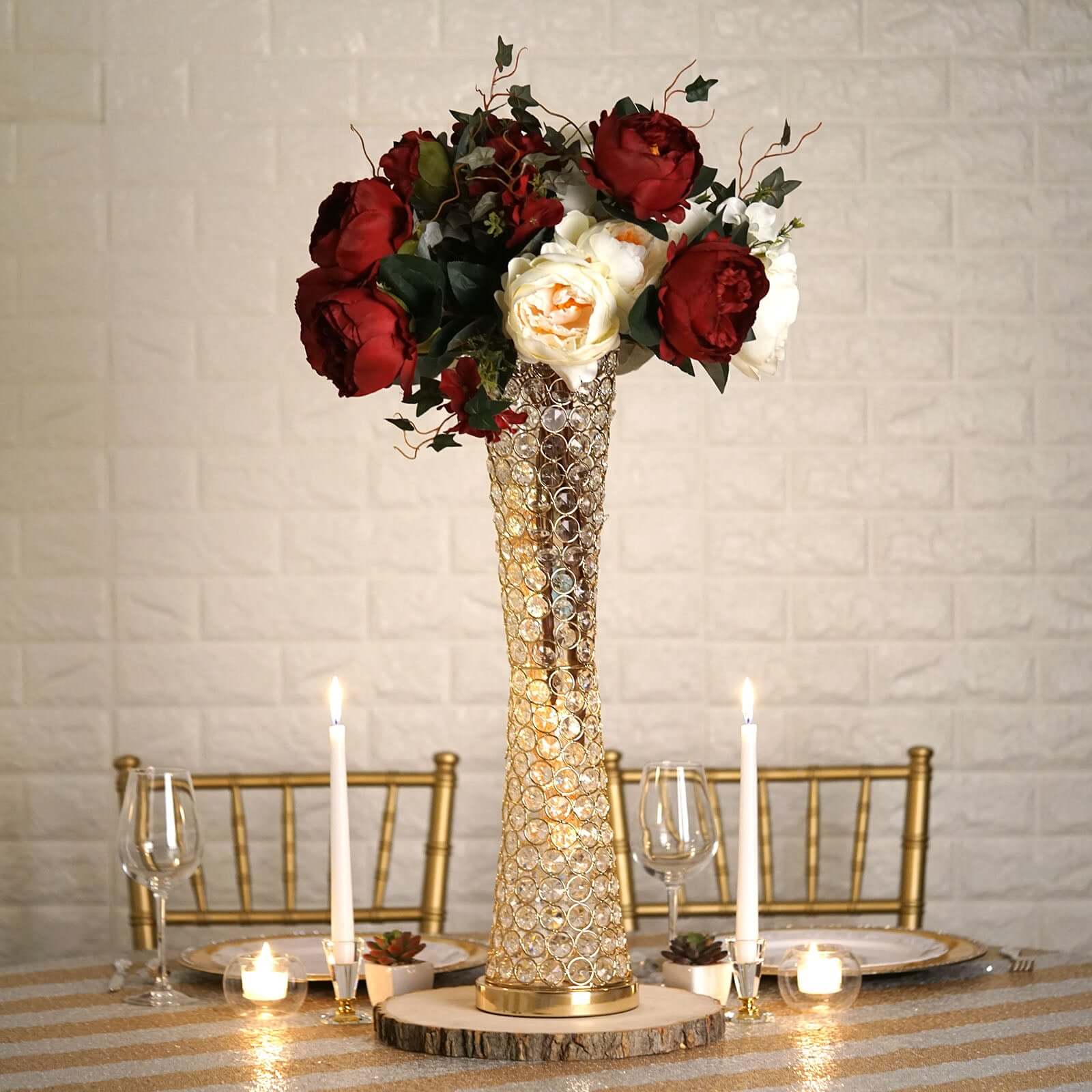 Metal Hurricane Floral Vase Centerpiece 24" Metallic Gold with Crystal Beaded Design - Table Decorative Stand - Image 7