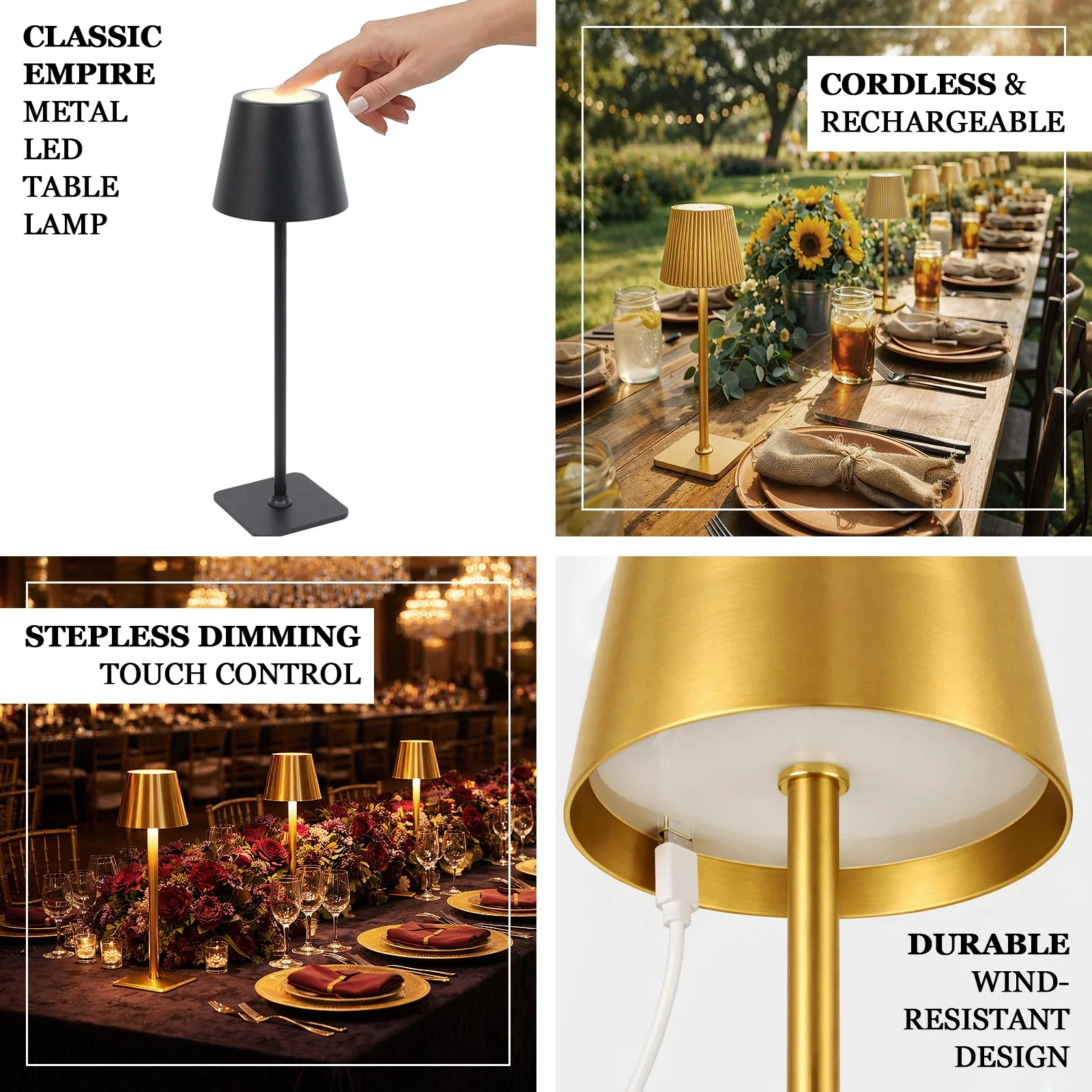 Heavy Duty Black Metal LED Table Lamp with Classic Empire Lampshade – Commercial Grade Cordless Rechargeable Desk Lamp, 3 Color Modes, Stepless Dimming, Touch Control, 15" - Image 4