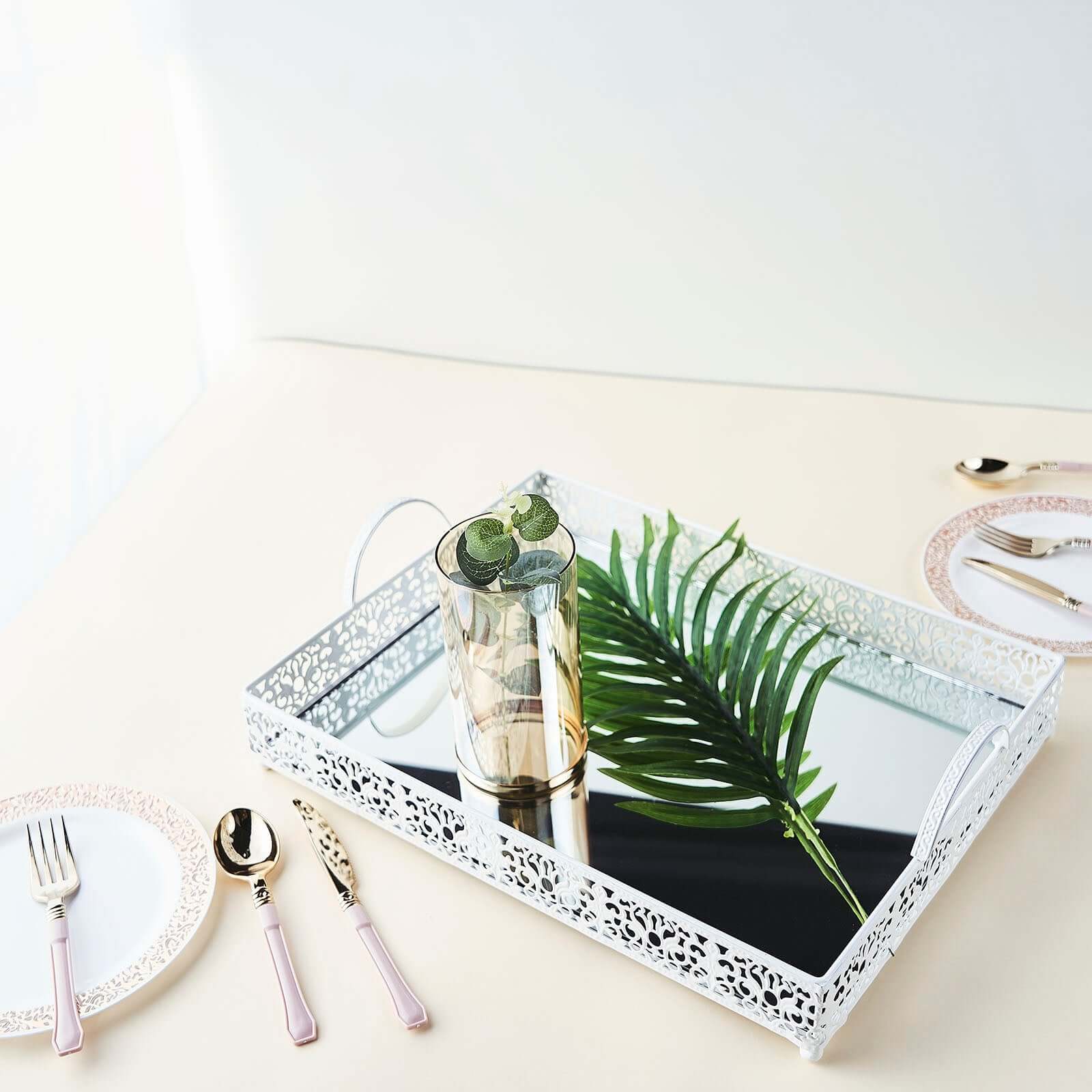 Metal Mirrored Serving Tray 16"x12" Rectangle White Fleur De Lis Design with Handles - French Inspired Decorative Vanity Tray Centerpiece - Image 7