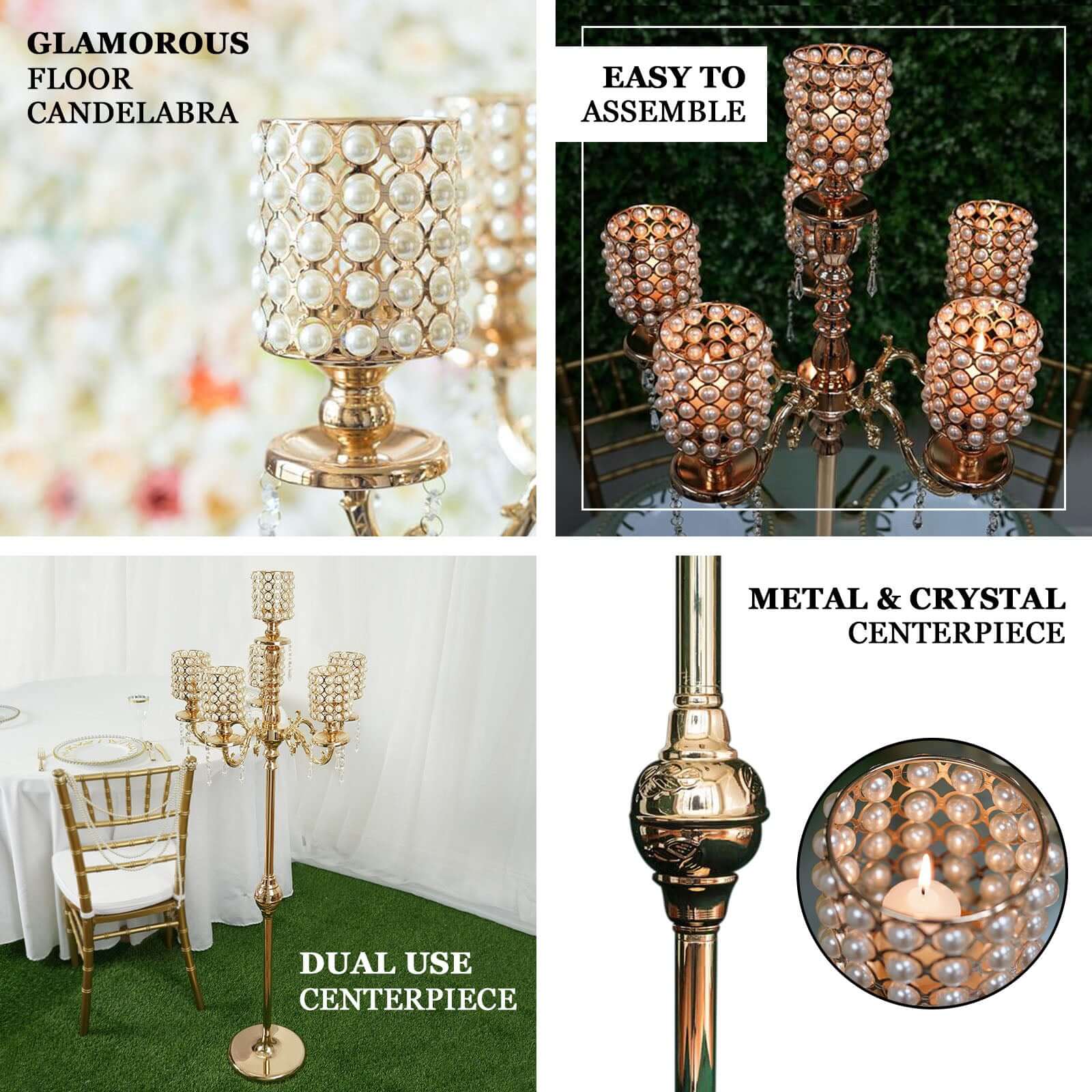 Metal Pearl Beaded Candelabra in Gold 6-Arm with Crystal Chandelier Pendants, Adjustable Table Centerpiece - Image 4