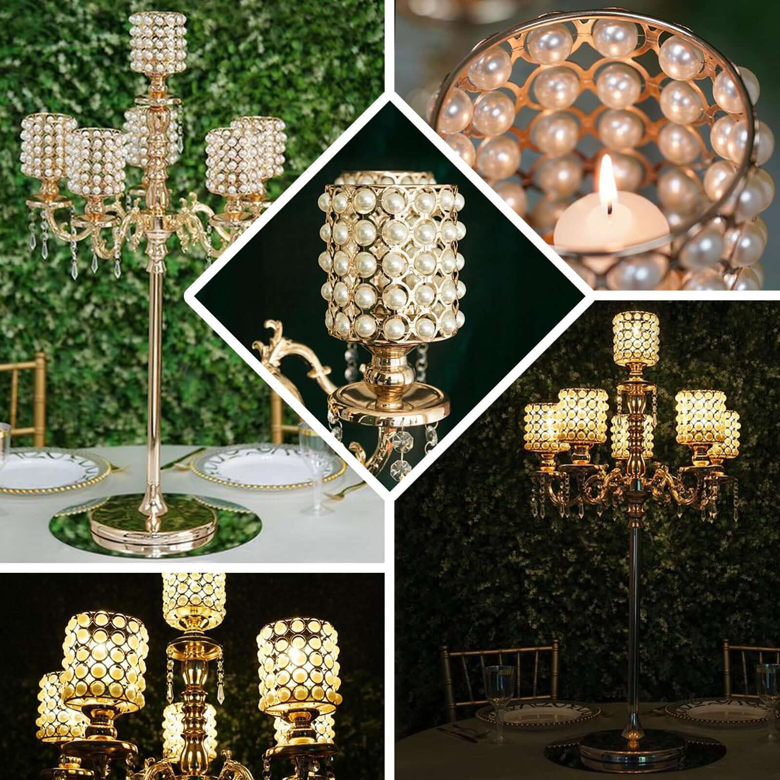 Metal Pearl Beaded Candelabra in Gold 6-Arm with Crystal Chandelier Pendants, Adjustable Table Centerpiece - Image 5