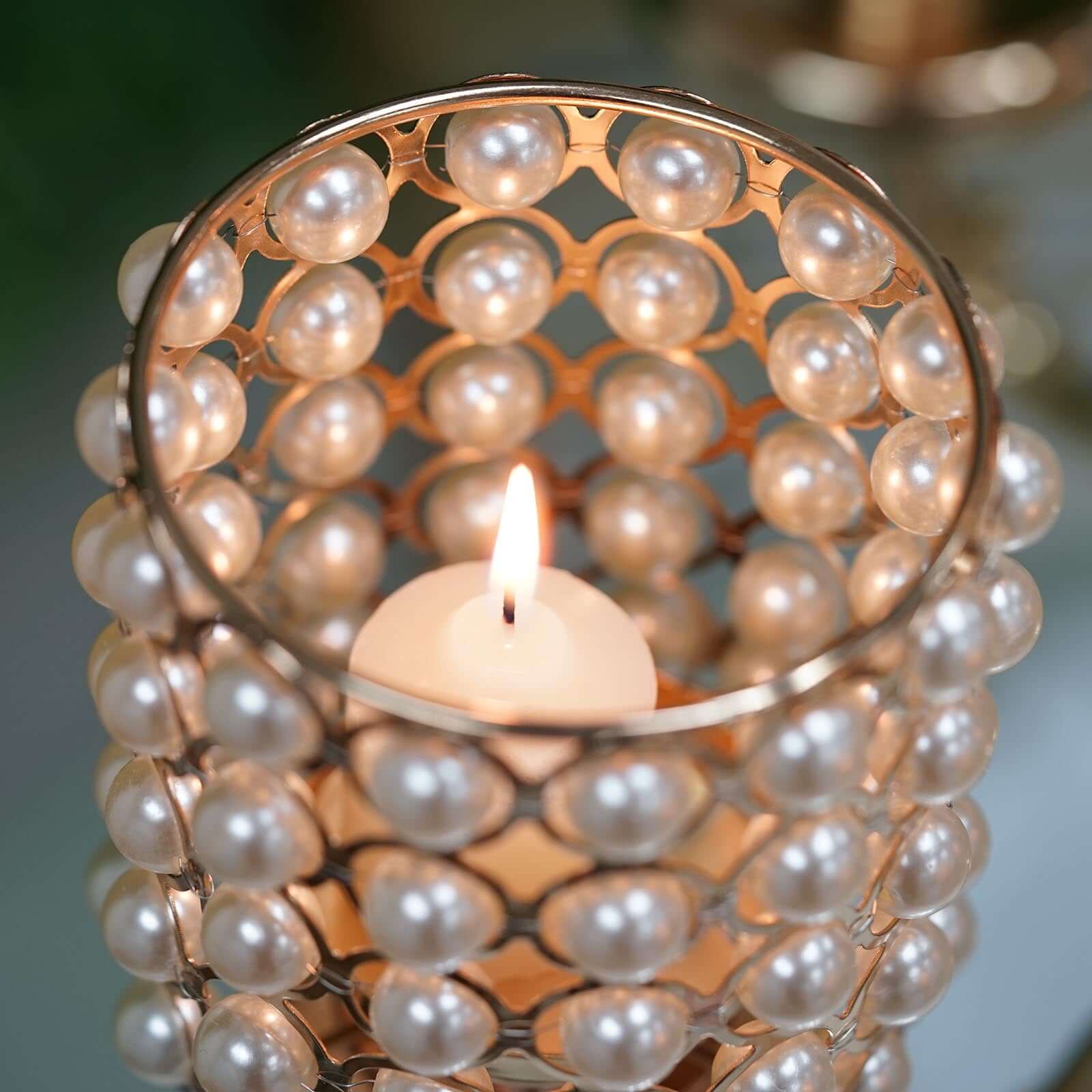 Metal Pearl Beaded Candelabra in Gold 6-Arm with Crystal Chandelier Pendants, Adjustable Table Centerpiece - Image 6