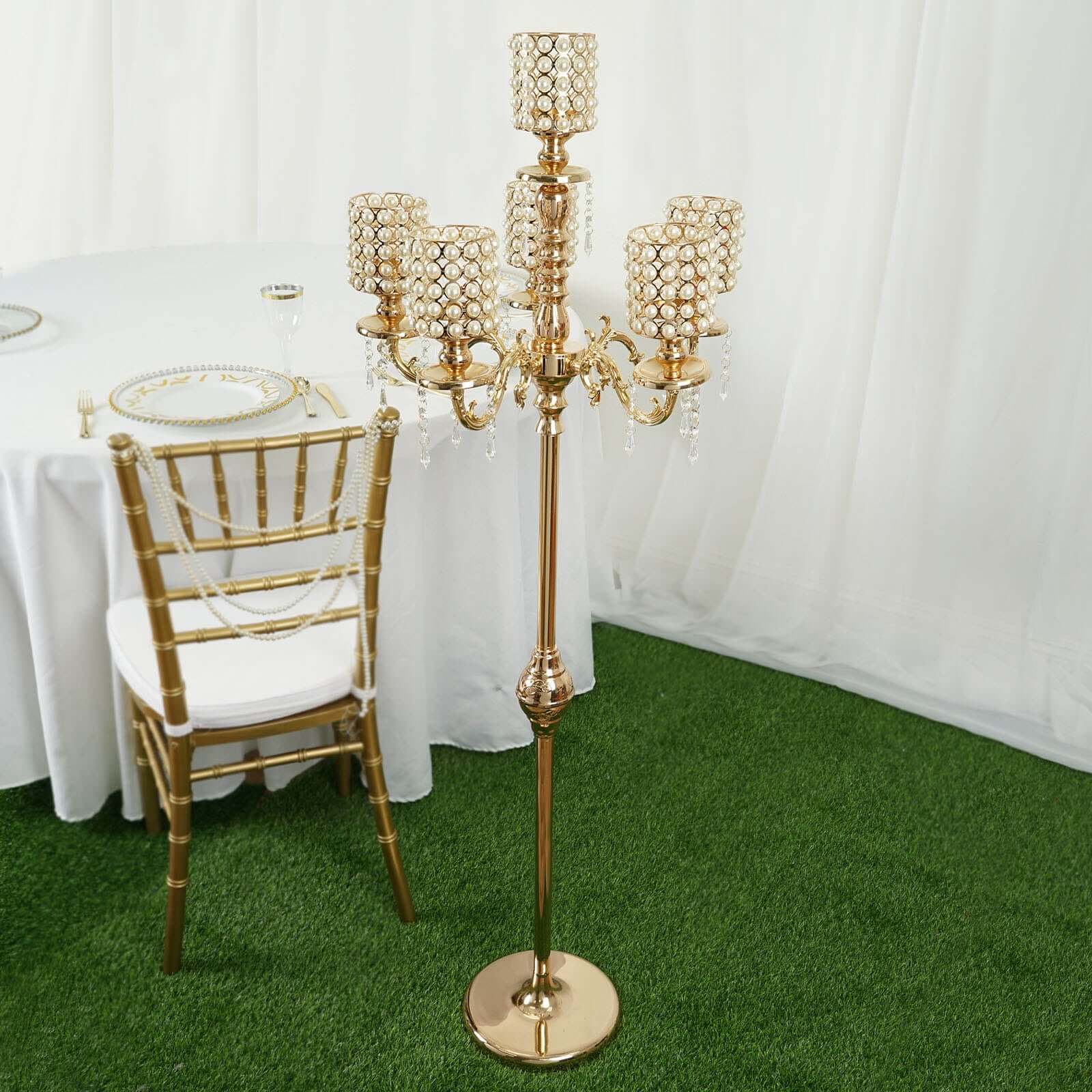 Metal Pearl Beaded Candelabra in Gold 6-Arm with Crystal Chandelier Pendants, Adjustable Table Centerpiece - Image 7
