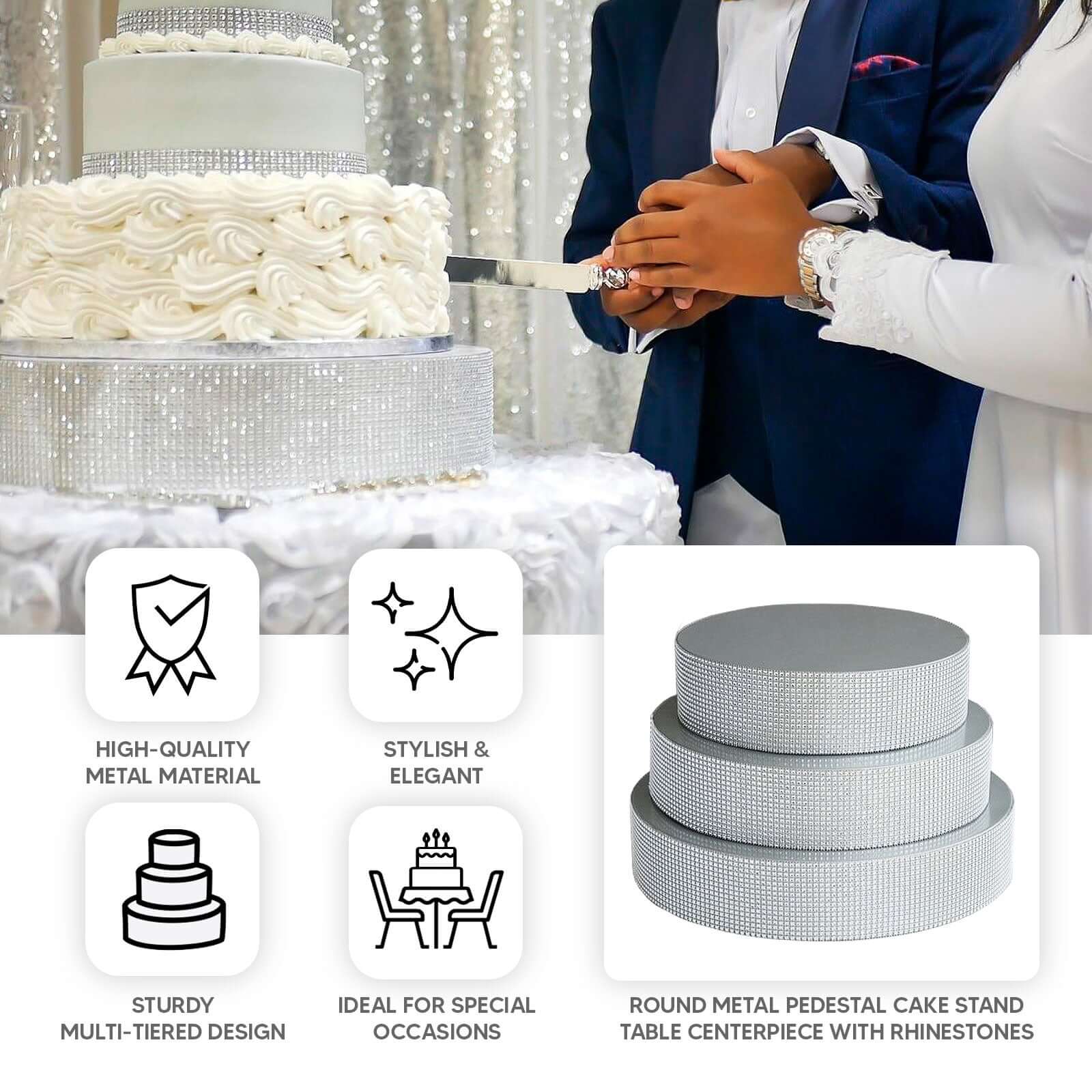 Metal Pedestal Cake Stand 12" Round Design with Rhinestones Silver - Cupcake Holder and Dessert Table Centerpiece - Image 4