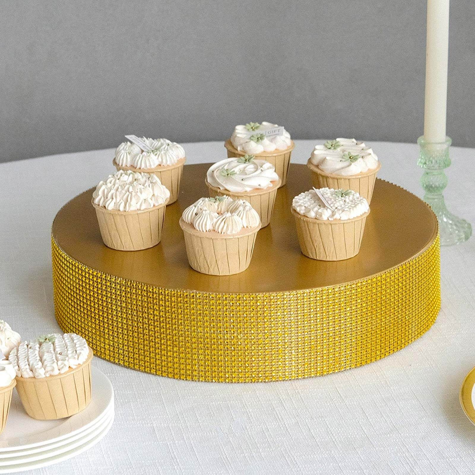 Metal Pedestal Cake Stand 14" Round Design with Rhinestones Gold - Cupcake Holder and Dessert Table Centerpiece - Image 6