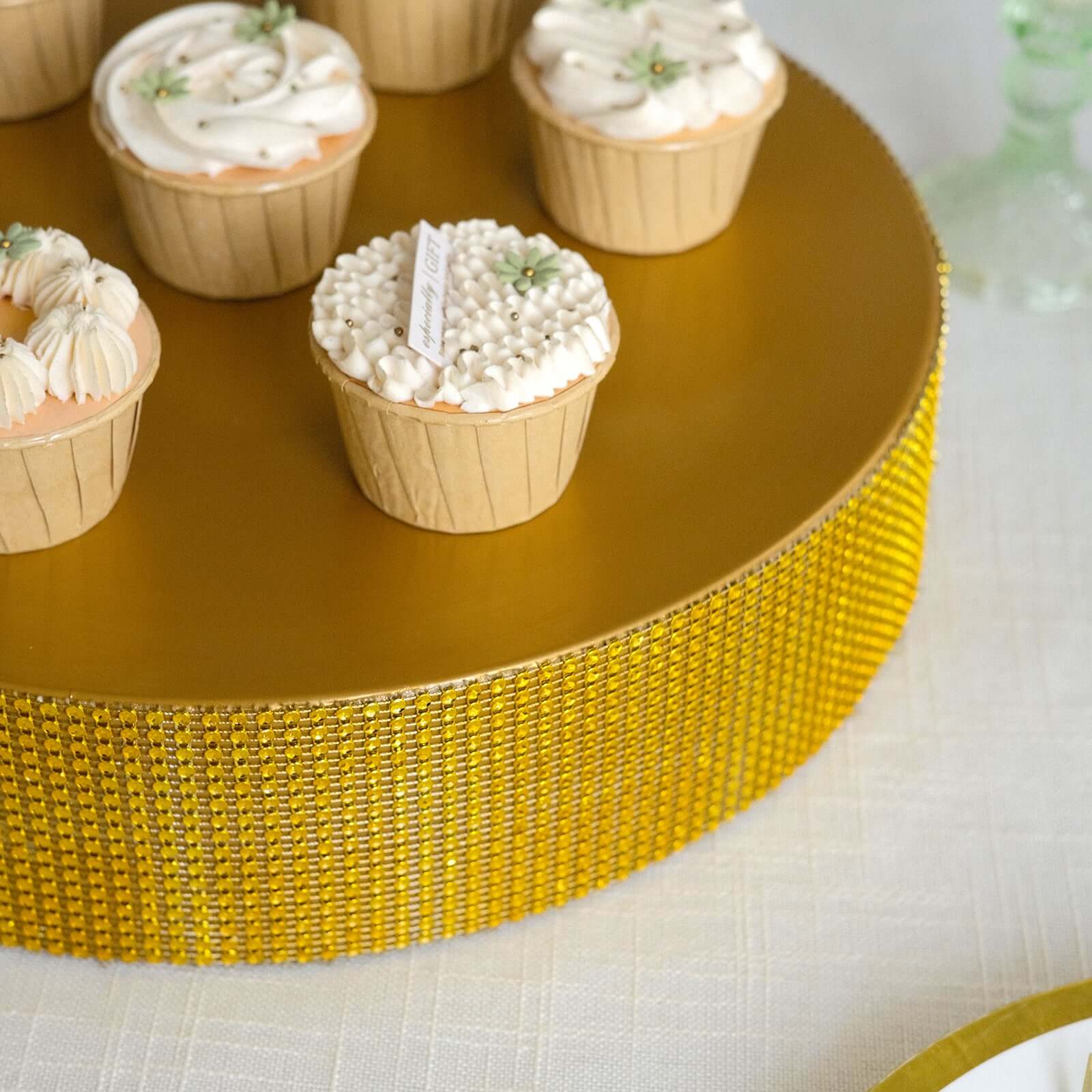 Metal Pedestal Cake Stand 14" Round Design with Rhinestones Gold - Cupcake Holder and Dessert Table Centerpiece - Image 9