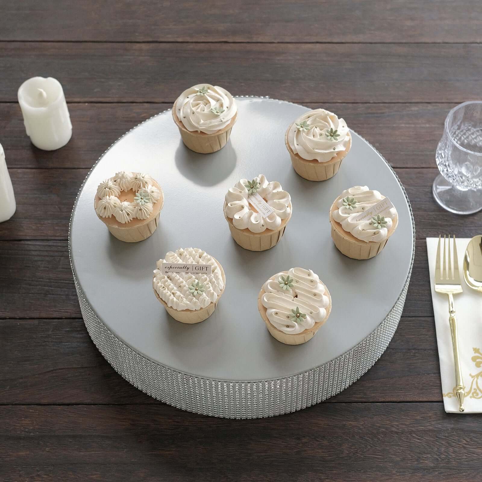 Metal Pedestal Cake Stand 14" Round Design with Rhinestones Silver - Cupcake Holder and Dessert Table Centerpiece - Image 8