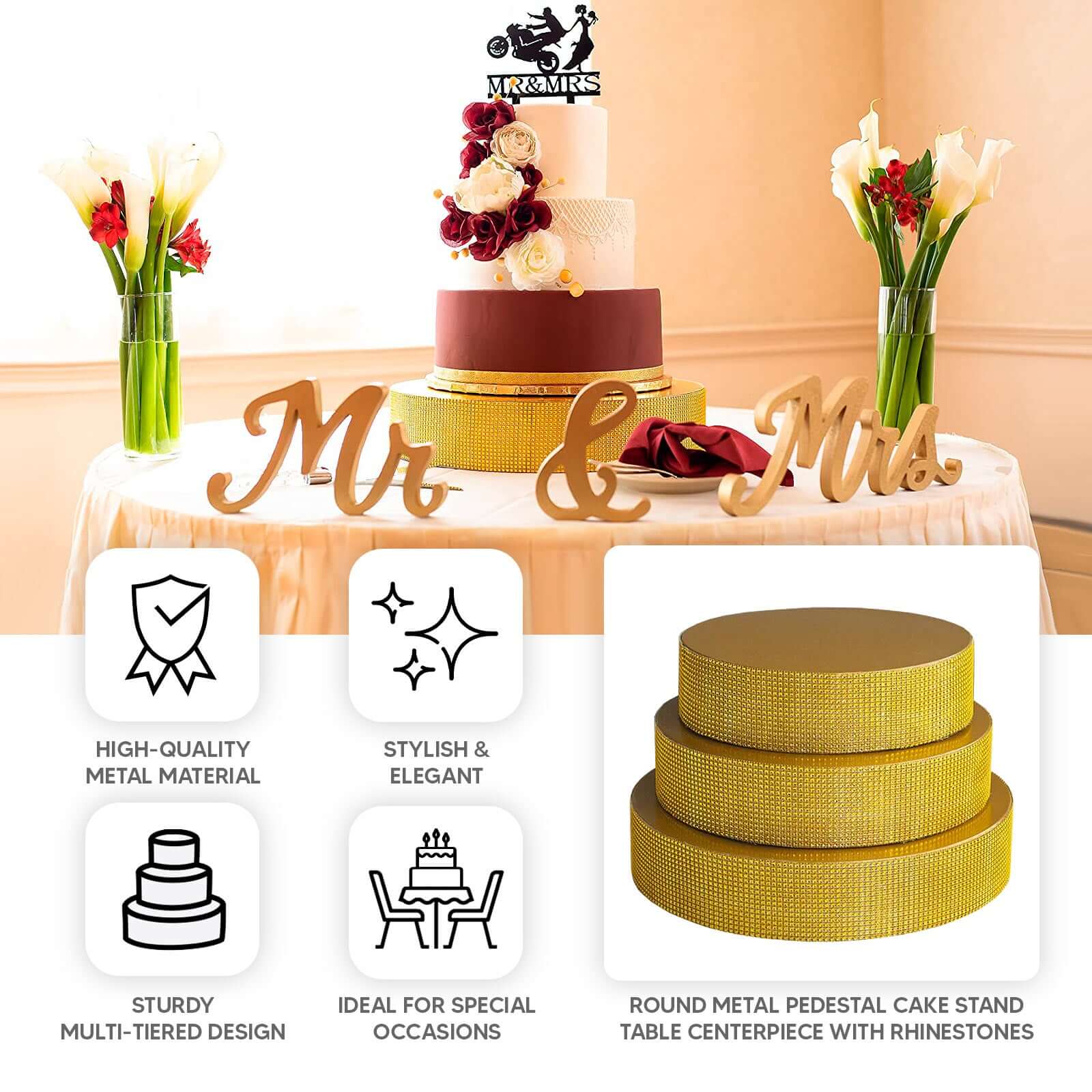 Metal Pedestal Cake Stand 16" Round Design with Rhinestones Gold - Cupcake Holder and Dessert Table Centerpiece - Image 4