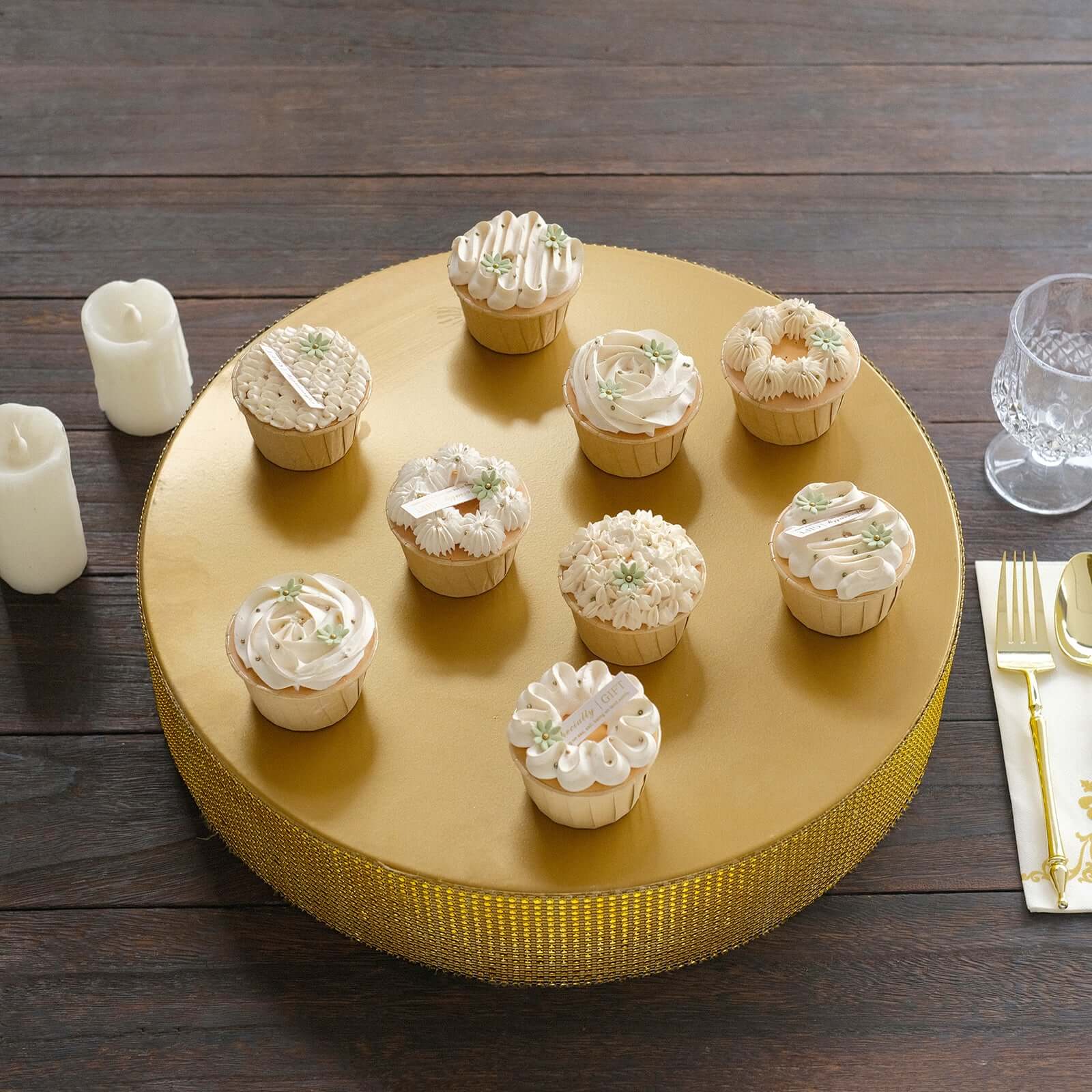 Metal Pedestal Cake Stand 16" Round Design with Rhinestones Gold - Cupcake Holder and Dessert Table Centerpiece - Image 9
