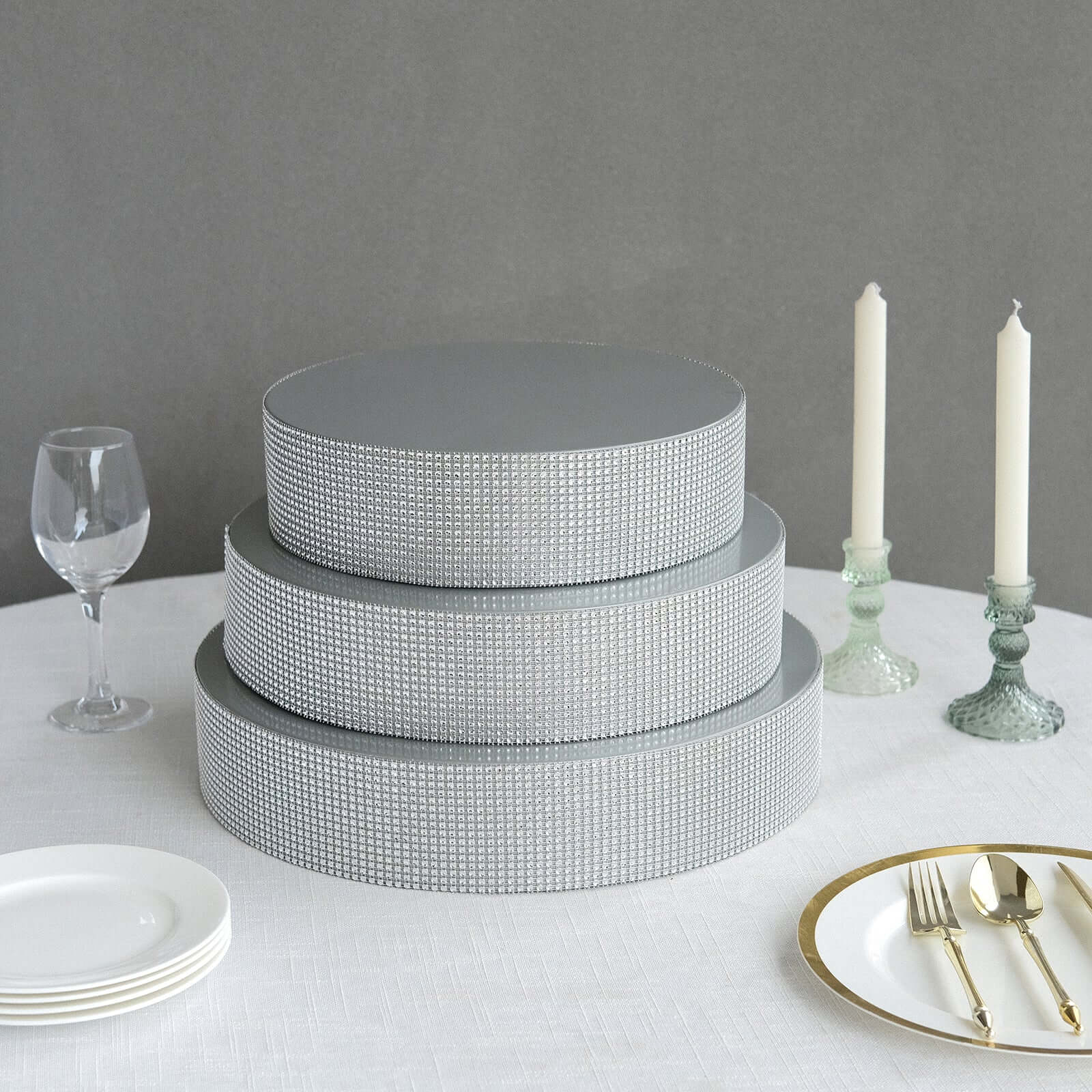 Metal Pedestal Cake Stand 16" Round Design with Rhinestones Silver - Cupcake Holder and Dessert Table Centerpiece - Image 2