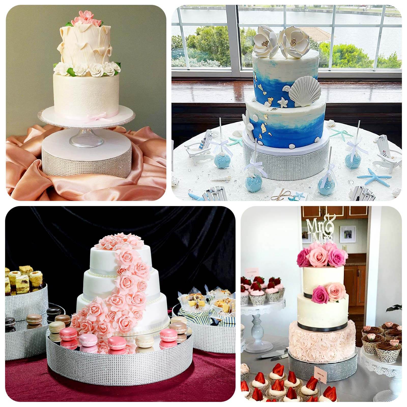 Metal Pedestal Cake Stand 16" Round Design with Rhinestones Silver - Cupcake Holder and Dessert Table Centerpiece - Image 5