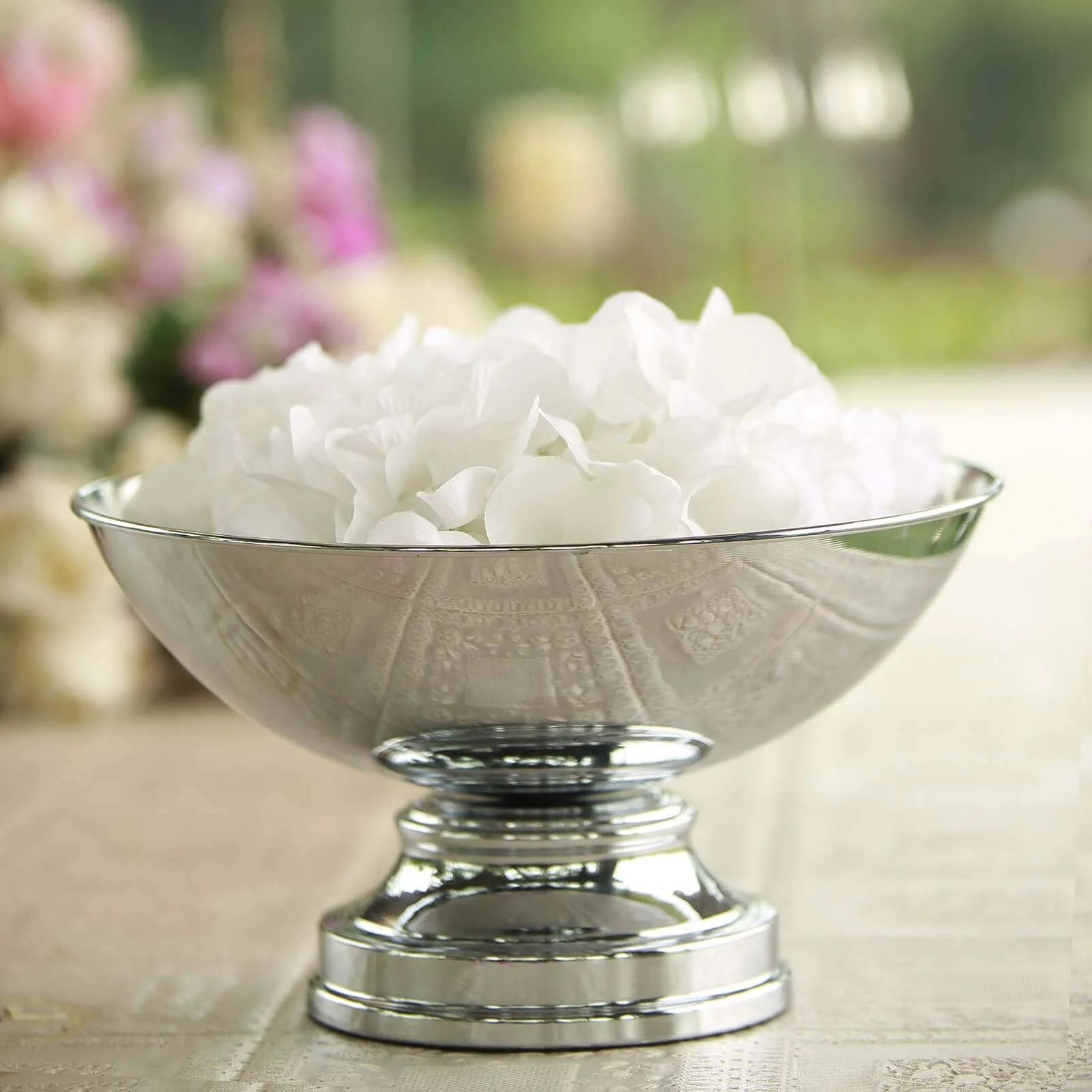 Metal Pedestal Flower Pot 12" Round Design Metallic Silver - Floating Candle Bowl and Display Dish - Image 2