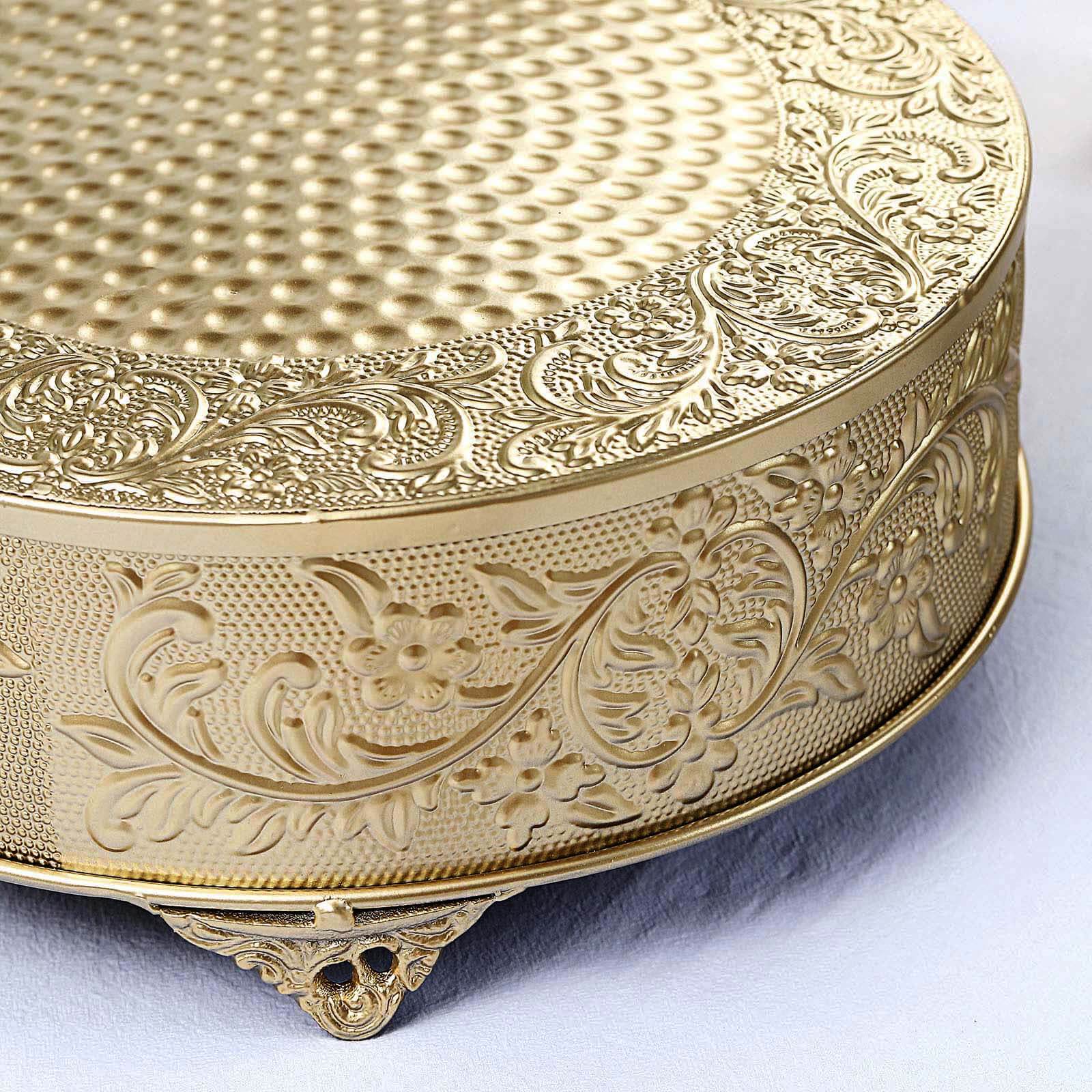 Metal Round Cake Pedestal Stand 14" Gold with Embossed Design - Decorative Matte Cupcake Display Riser Centerpiece Dessert Tray for Luxurious Event Styling - Image 2