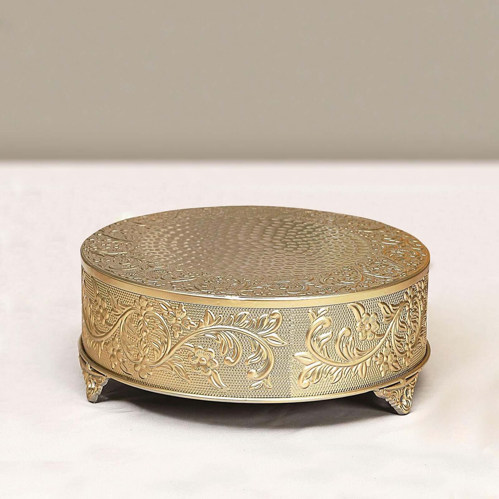 Metal Round Cake Pedestal Stand 14" Gold with Embossed Design - Decorative Matte Cupcake Display Riser Centerpiece Dessert Tray for Luxurious Event Styling - Image 6